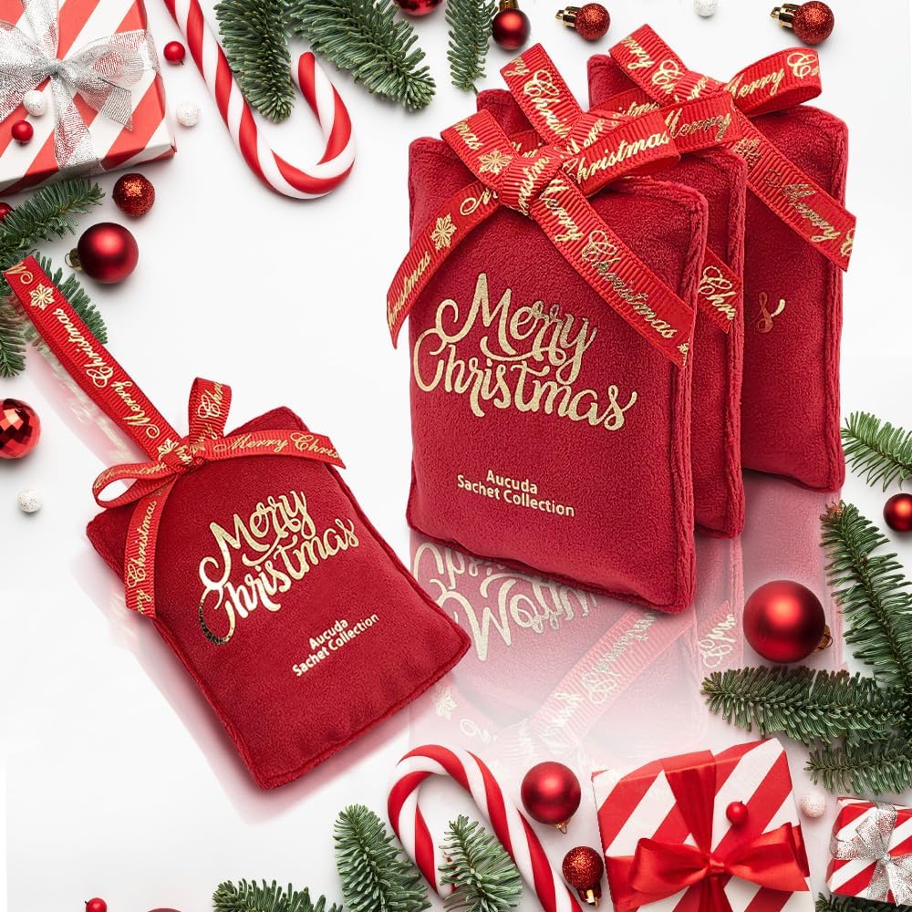 AUCUDA 4pcs Merry Christmas Sachet Bags Apple Cinnamon Scented for Drawers and Closets, Potpourri Packets for Women Outfit, Winter Red Fragrance Pillow for Bedroom Indoor, Fresheners for Wedding