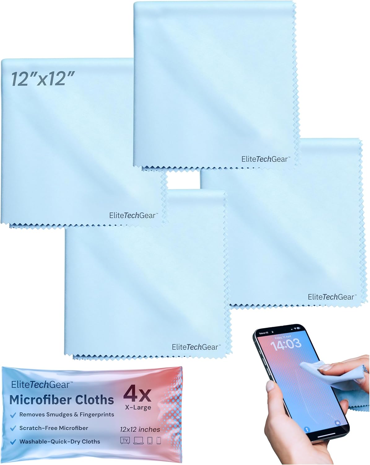 Elite Screens Microfiber Cleaning Cloth - 12 x 12 in, Pack of 4, Blue - Glasses Cleaning Cloth & Lens Wipes for Eyeglasses & Screens