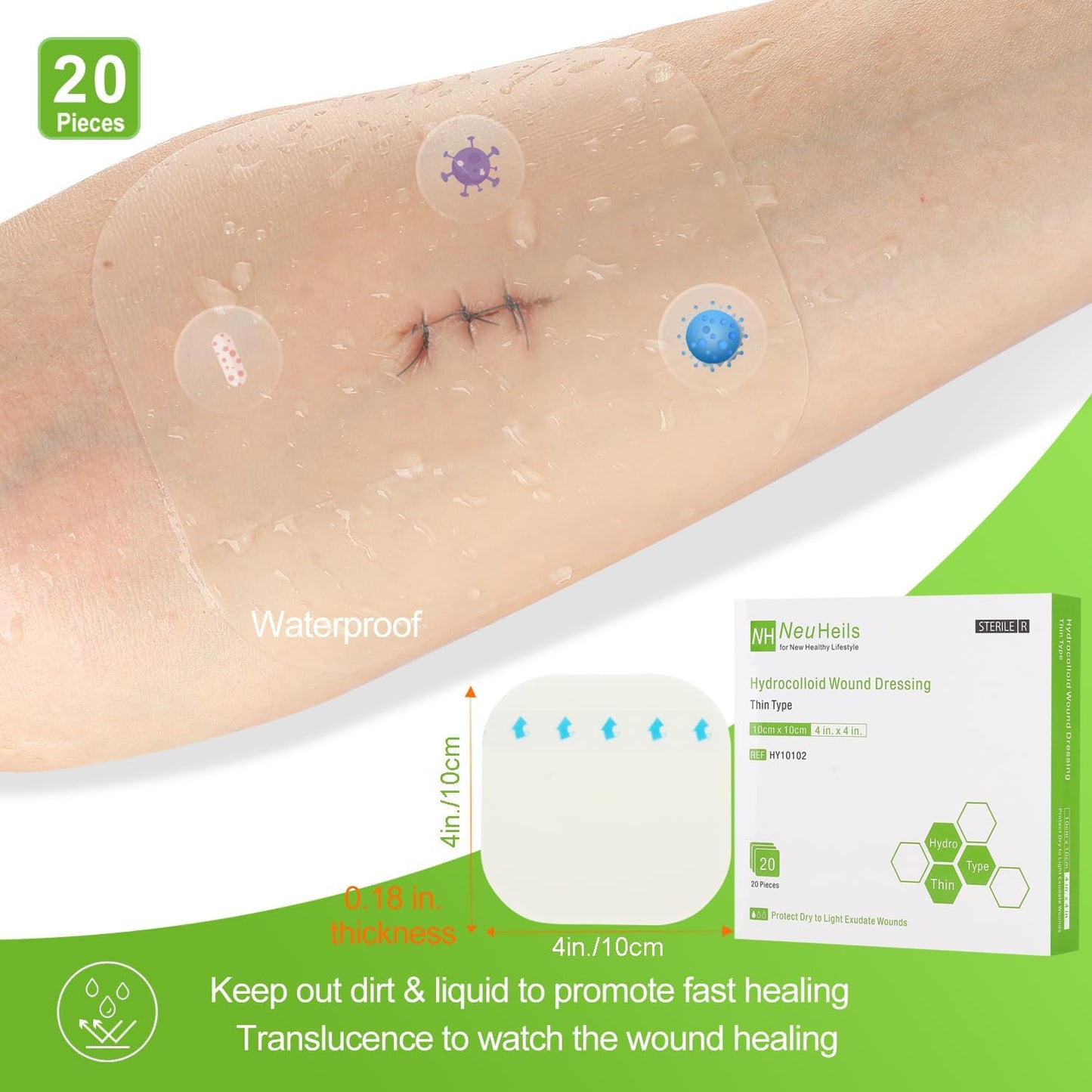 20 Pack Hydrocolloid Wound Dressing 4x4 Inch Extra Thin Hydrocolloid Bandages Patches for Light Exudates Pressure Ulcers, Bed Sores, Minor Burns, Cuts & Abrasions, Blister & Surgical Wound Care