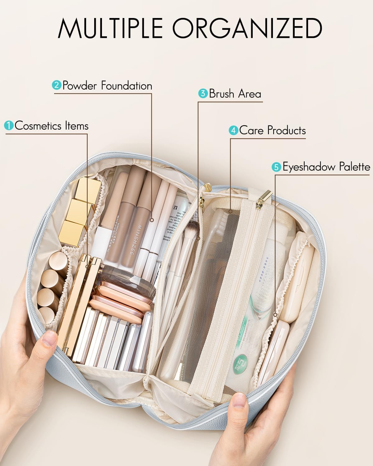 Vlando Makeup Bag,Large Capacity Toiletry Bag for Women Waterproof Portable Make up Pouch PU Leather Open Flat Cosmetic Bag(Baby Blue)