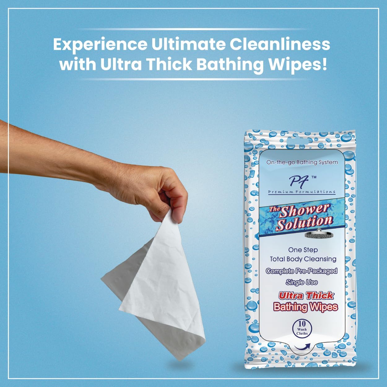 Shower Solution Ultra Thick Rinse Free Bathing Wipes for Post Workouts, Camping, Backpacking, Outdoors and Hiking, Extra Large 10 Wipes Pack
