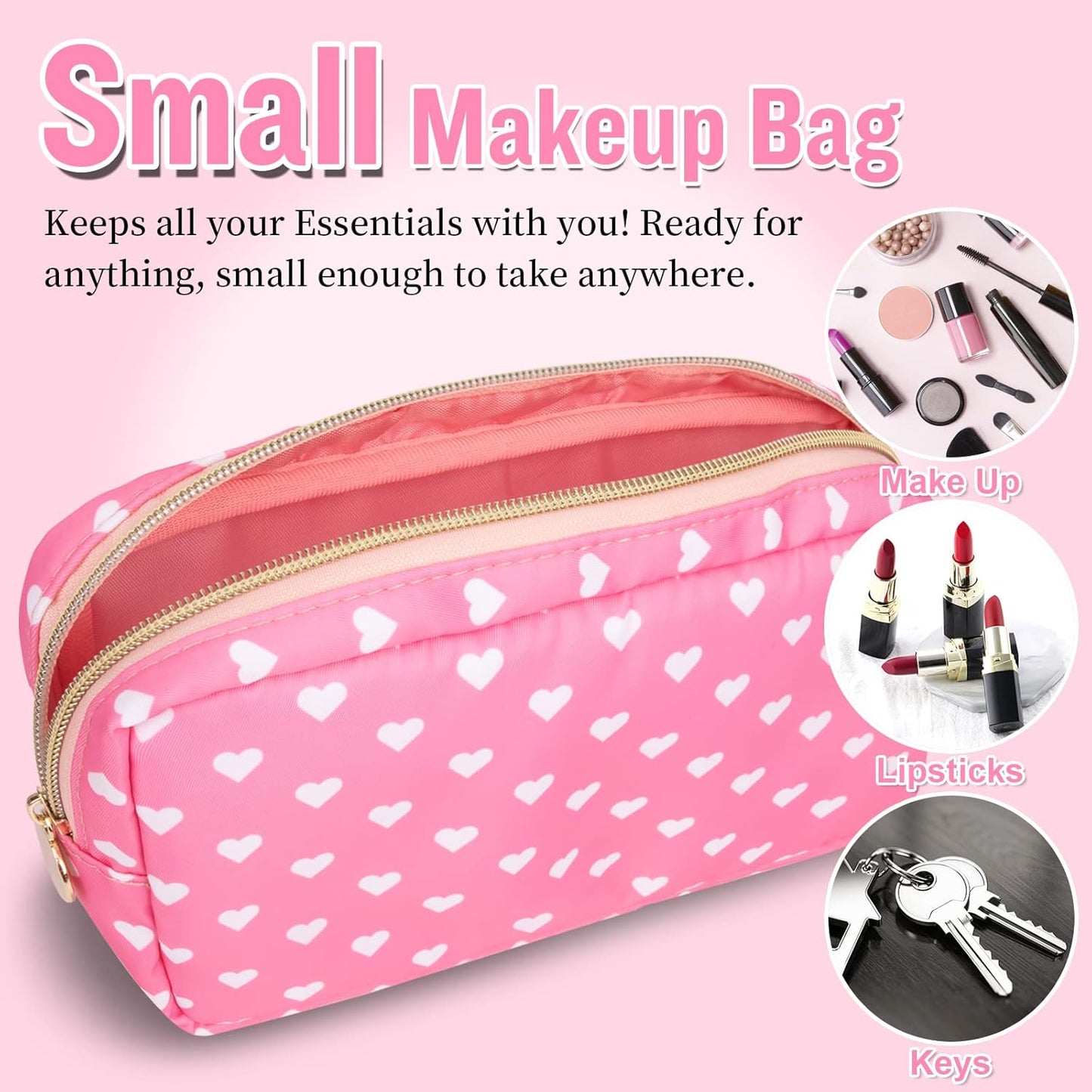 Nylon Small Makeup Bag for Purse, Cute Makeup Bag Preppy Cosmetic Zipper Pouch Purse, Waterproof Portable Travel Toiletry Bag Clutch Makeup Brush Bag Organizer Storage for Women Men Girls(Pink Heart)