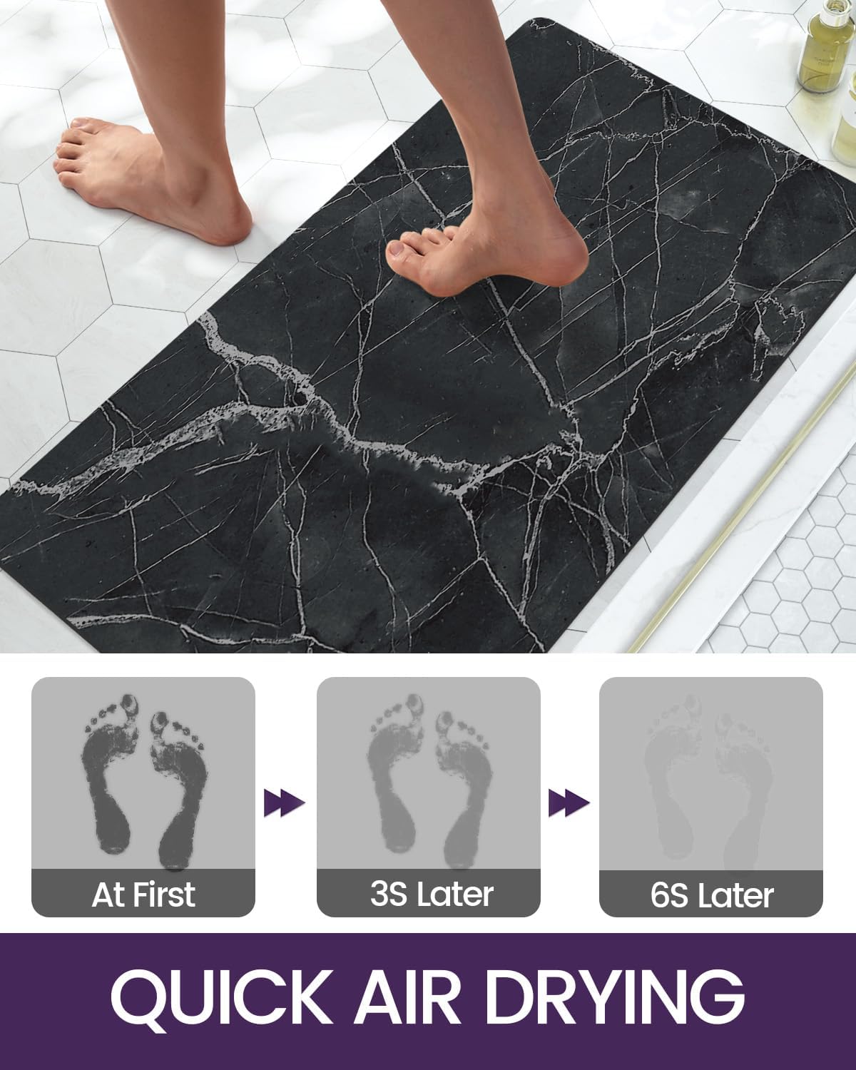 DEXI Bath Mat 17x43, Non Slip Quick Dry Rugs, Super Absorbent Ultra Thin Marble Bathmat, Washable Rubber Mats for Shower Floor, in Front of Bathtub, Sink, Bathroom Accessories Decor, Black