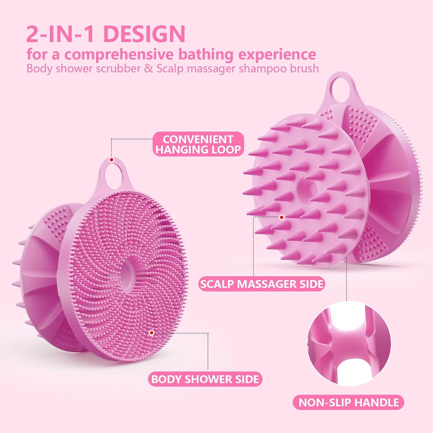 2 in 1 Silicone Brush, BEAUTAIL Body Shower Scrubber and Scalp Hair Massager Shampoo Brush, Deeply Cleanse Skin, Dandruff Removal and Hair Growth, Gentle for Women Men Sensitive Skin, 1 Pack (Lilac)