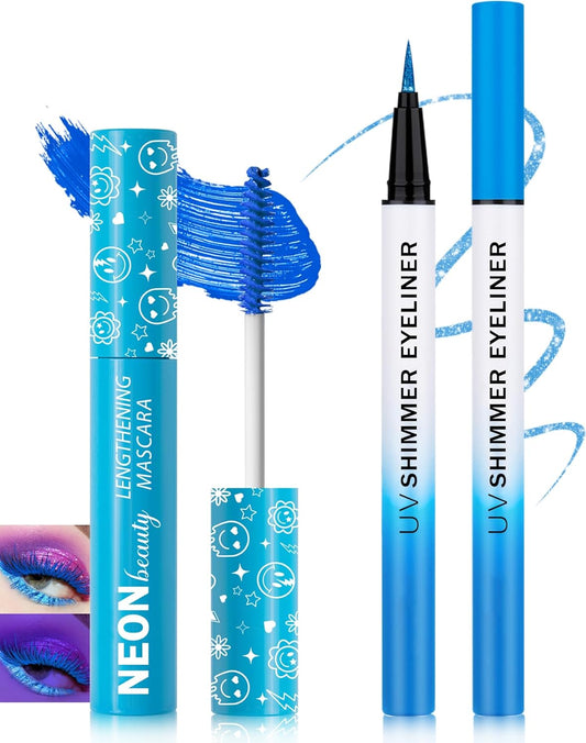 UV Neon Blue Mascara & Eyeliner Set, Waterproof Volumizing Colored Mascara Volume and Length for Lashes Lengthening, Long Lasting Glitter Liquid Eyeliner Pencil, Halloween Glow in the Dark Makeup-02