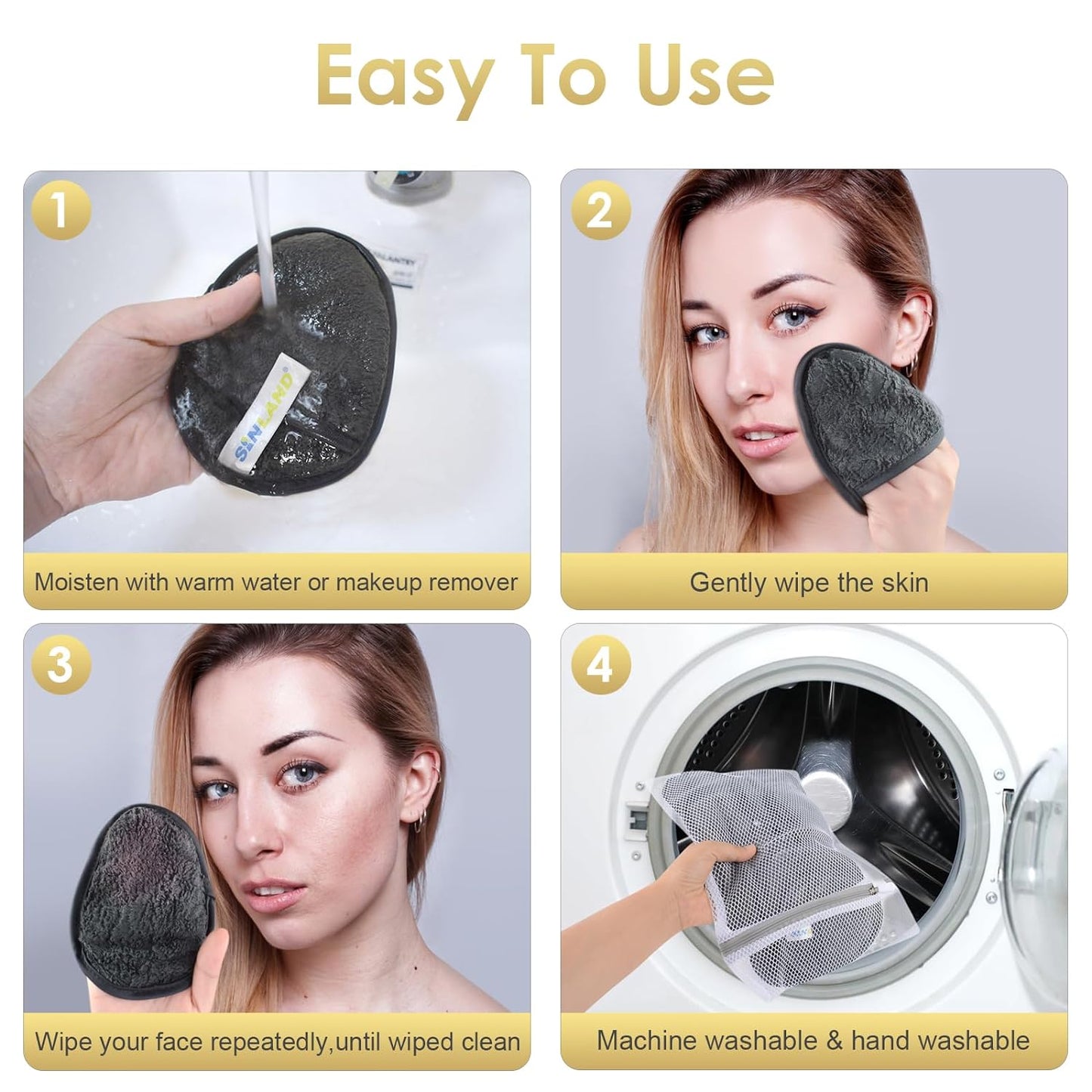 SINLAND Reusable Makeup Remover Pads For Face,Eye,Lips Microfiber Gentle Facial Cleansing Cloths for All Skin Types Friendly for Makeup Remover With Laundry Bag 5.1inchx3.93inch Grey Pack of 12