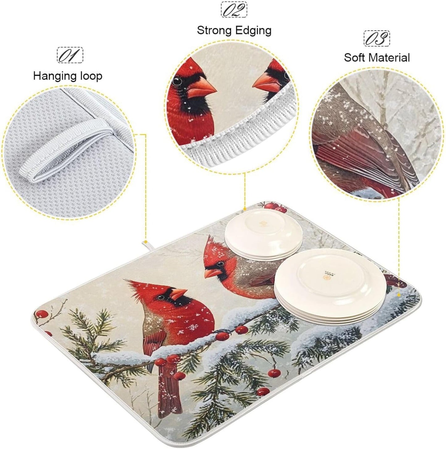 Christmas Dish Drying Mat Red Cardinals Birds Snowflake Branches Berries Winter Christmas Dish Drainer Mat for Kitchen Counter Drying Mat 16 x 18 Inch Absorbent Microfiber Dish Mat
