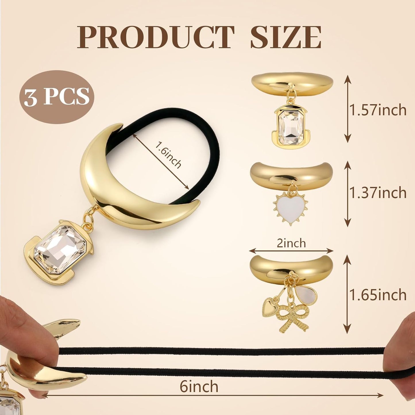 3PCS Gold Hair Ties, Metal Hair Ties for Thick Hair, Gold Ponytail Cuff Elegant Durable Geometric Design, Hair Accessories for Women, Stretchy & Non Damage Ponytail Holders with Pendant Holiday Gifts
