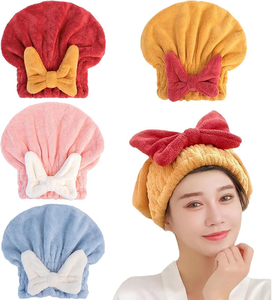 4Pcs Ultra Absorbent Hair Quick Drying Towel for Women Girls New Microfiber Hair Towel Wrap Dry Turban Soft Bow Tie Plopping Head Towels Shower Cap for Kids (Mixed Colors)