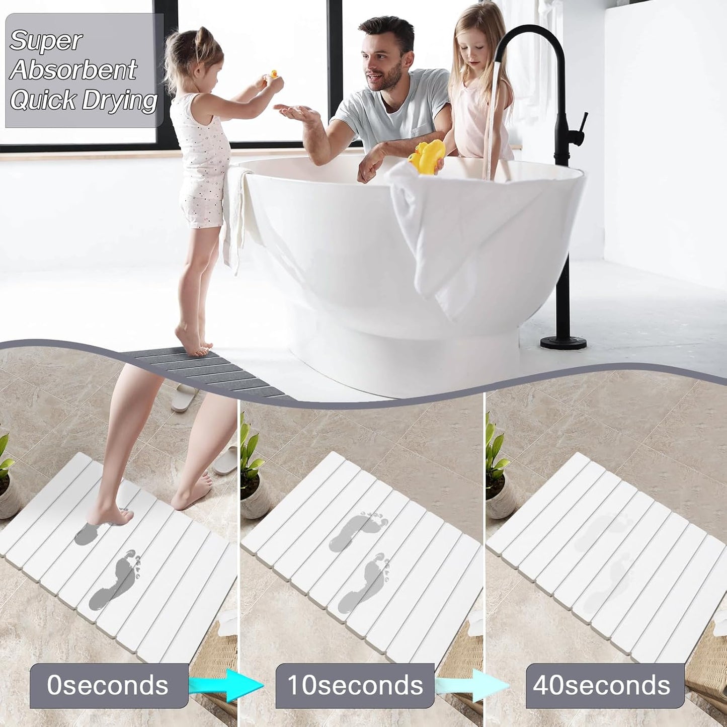2 Pack Foldable Stone Bath Mats, White Super Absorbent Diatomaceous Earth Bath Rug, Non-Slip Shower Mat, Quick-Drying Bath Rug and Drying Mat for Tub and Shower