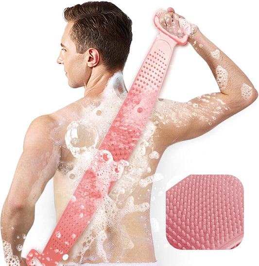 Inmorven Exfoliating Back Scrubber for Shower with Handles, 30 Inch Double-Sided Back Exfoliator Body Scrub Towel, Exfoliating Washcloth Bath Tool for use in Shower, Clean Skin for Men & Women (Pink)