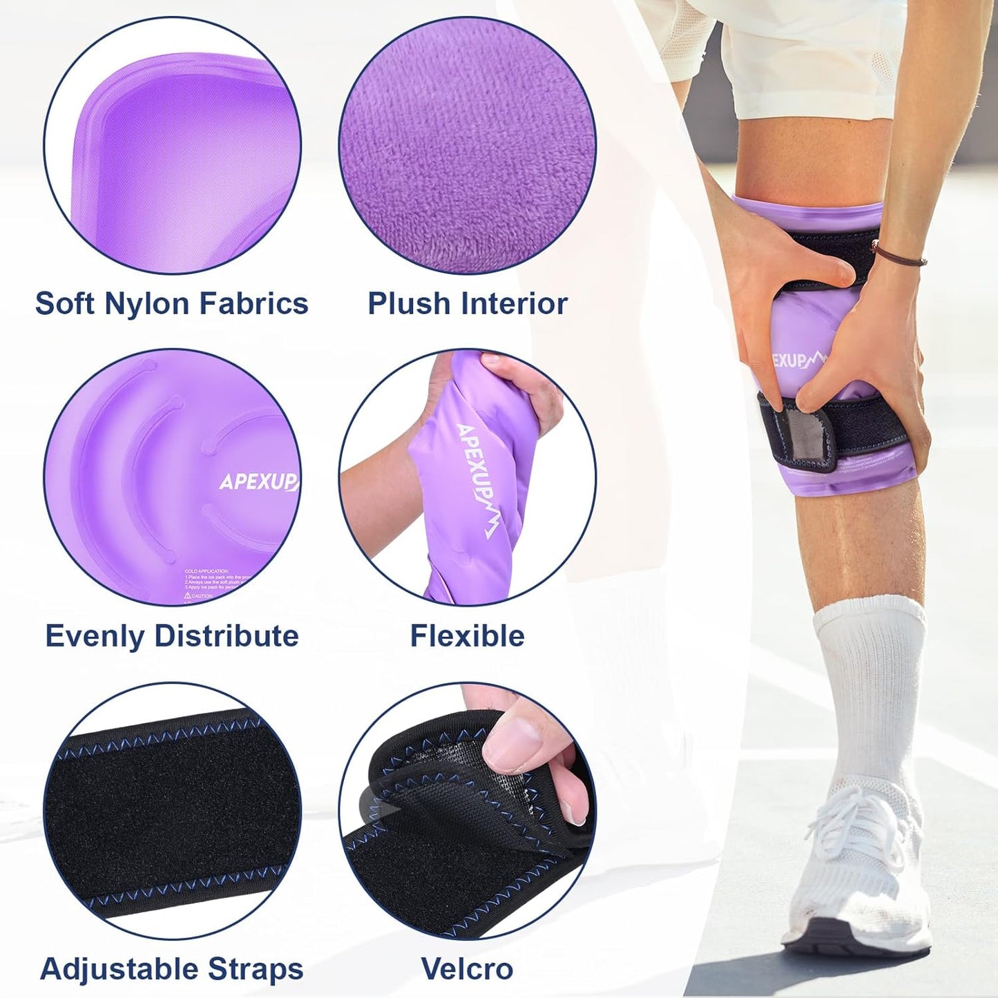 APEXUP Ice Pack for Knee Pain Relief, Large Reusable Wrap After Surgery, Flexible Gel Cold Pack for Injuries, Pain Relief for Back, Shoulder, Elbow, Ankle and Leg (Purple, XXL, 2PK)