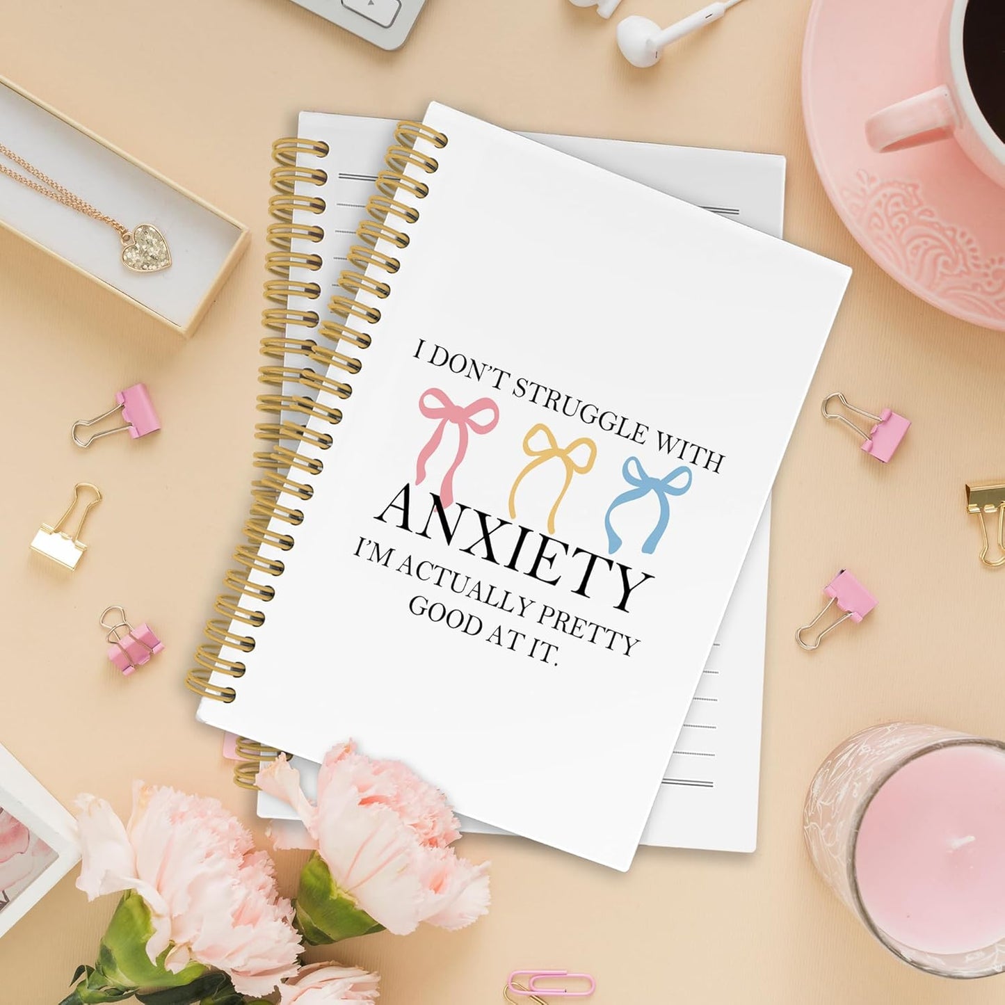 Coquette Bow Mental Health Spiral Notebook, Inspirational Journaling Notebooks for Women, Anxiety Relief Hardcover Journals for Office 160 Pages 5.5 x 8.3 Inch, Anti Anxiety Gifts for Girls