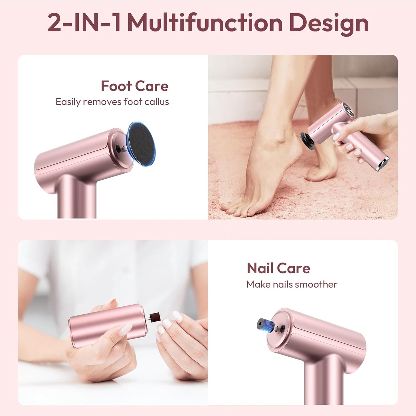 Electric Foot Callus Remover, 2 in 1 Rechargeable Electric Callus Remover for Feet, Pedicure Tools with 70pcs Sandpapers, Professional Foot Scrubber File for Dead Skin - Pink