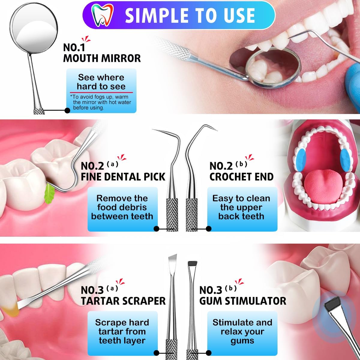 G.CATACC Dental Tools, Dental Pick Teeth Cleaning Tools Hygiene Kit, Plaque Remover for Teeth, Professional Stainless Steel Tooth Scraper Plaque Tartar Cleaner - with Case