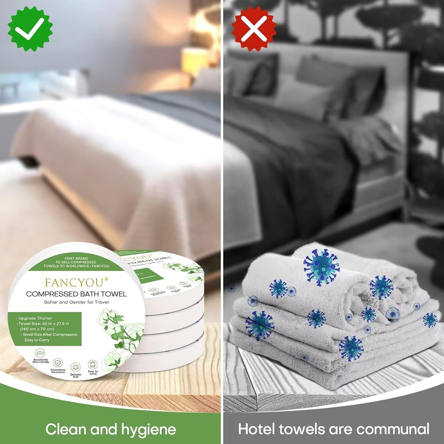 Compressed Bath Towel 5 Pcs 55" x 27.5" Travel Size Mini Disposable Coin Towel Washable & Reuseable Camping Wipe & Cleansing (Green)