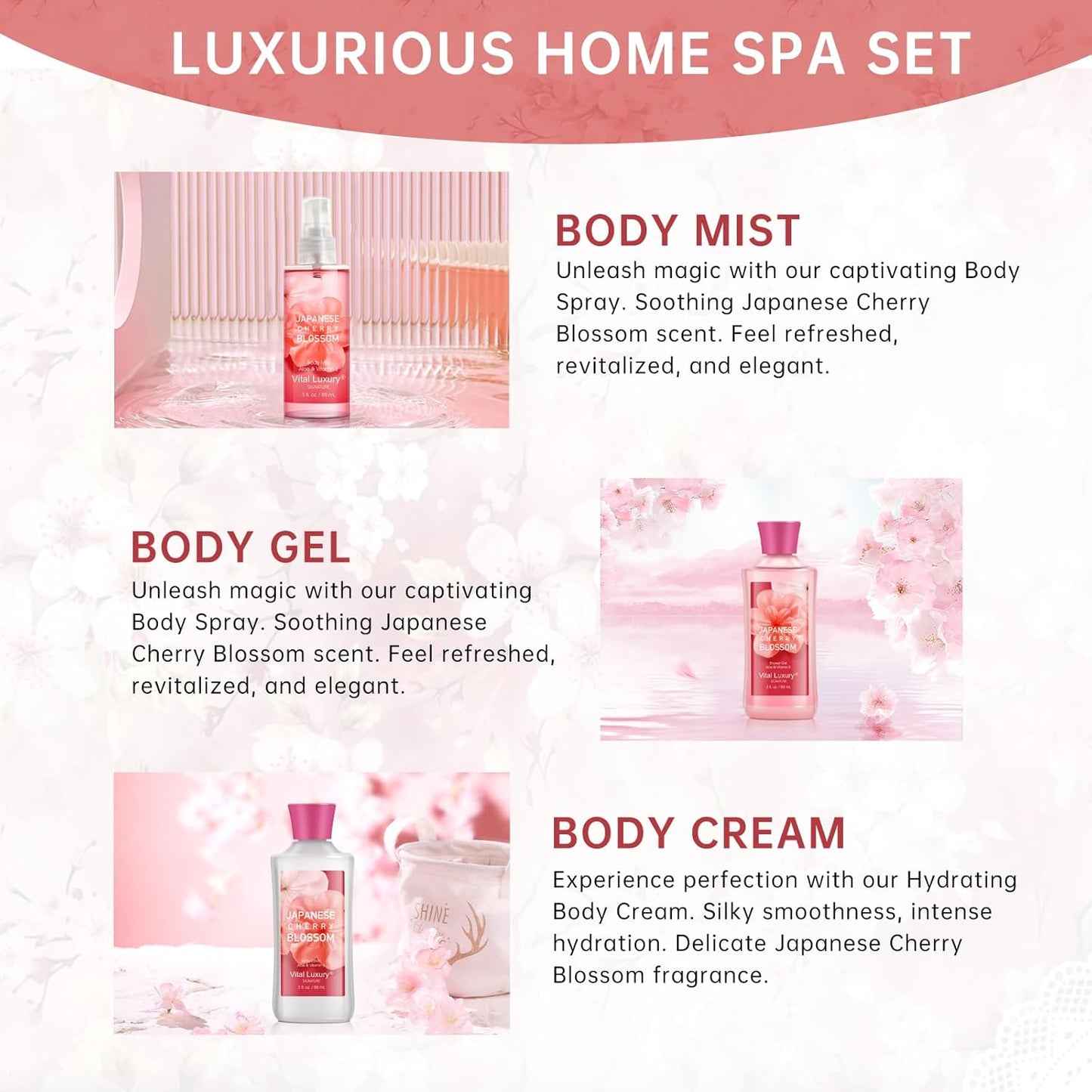 Japanese Cherry Blossom Spa Gift Set for Women and Girls, Bath and Body Care Kit with Gel, Lotion, Mist, Travel Size, with Natural Extracts - Body Care Kit for Birthday, Mother's Day, Christmas Gifts