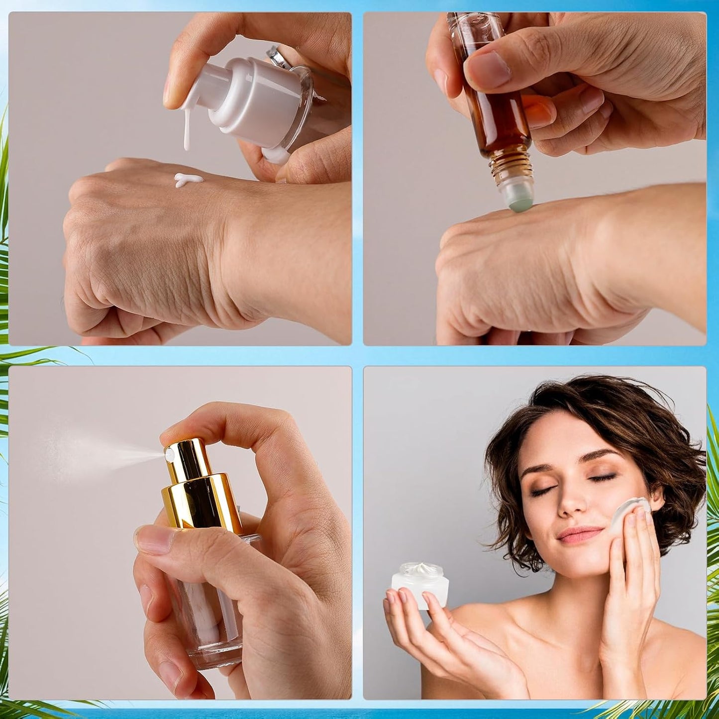 30 Pack TSA Approved Glass Travel Skincare Containers, 1.3/1/0.7/0.3oz Refillable Traveling Size Containers with Pump, Jars & Essential Oil Bottle in Clear Zip Bag, Leak-Proof for Creams & Liquids