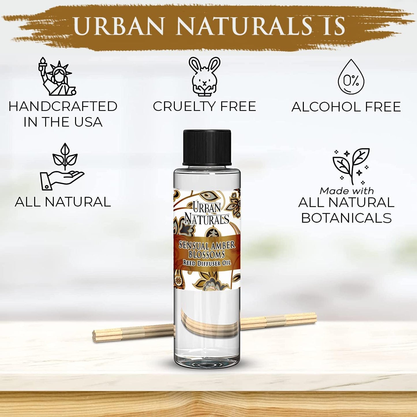 Urban Naturals Reed Diffuser Oil Refill, Sensual Amber Blossoms Fragrance Oil with Jasmine, Amber, Vanilla, 4 oz + Free Reed Sticks, Made in The USA