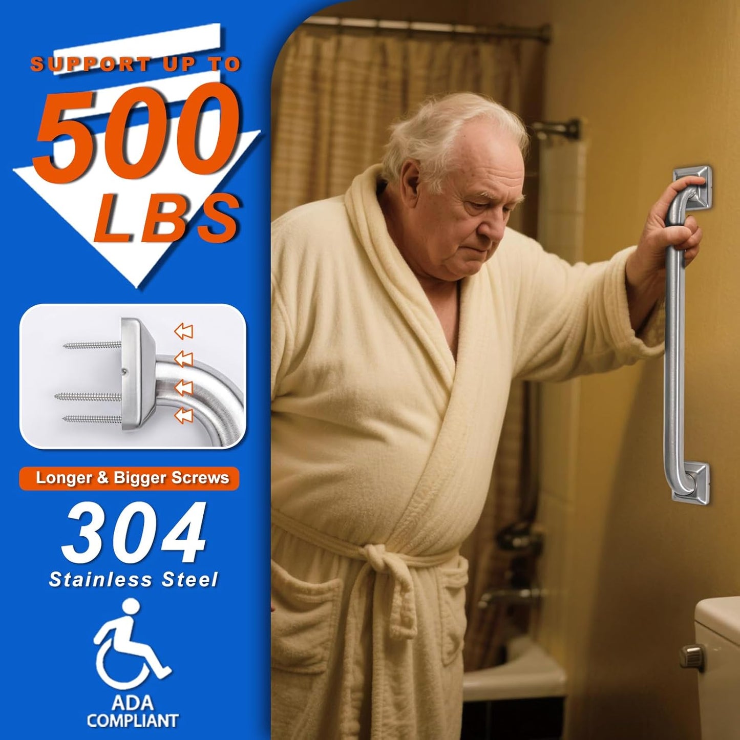 Bathroom Grab Bars Stainless Steel Handrail ADA Compliant 500lbs bathtubs and Showers Toilet Handle Safety for Handicap, Elderly, Disabled, Injury (18 inches)