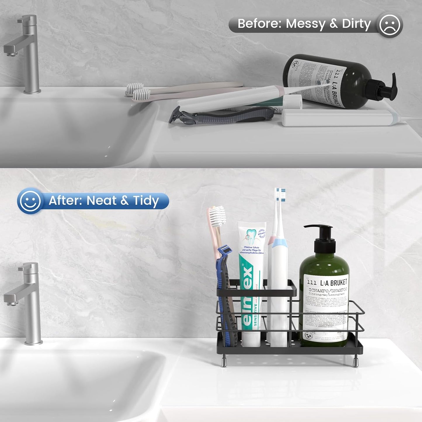 Luxspire Toothbrush Holders, 6 Slots Stainless Steel Tooth Brush Holder with Drainage, Toothbrush Holder for Bathroom Countertop & Kitchen Sink, Bathroom Accessories, Black