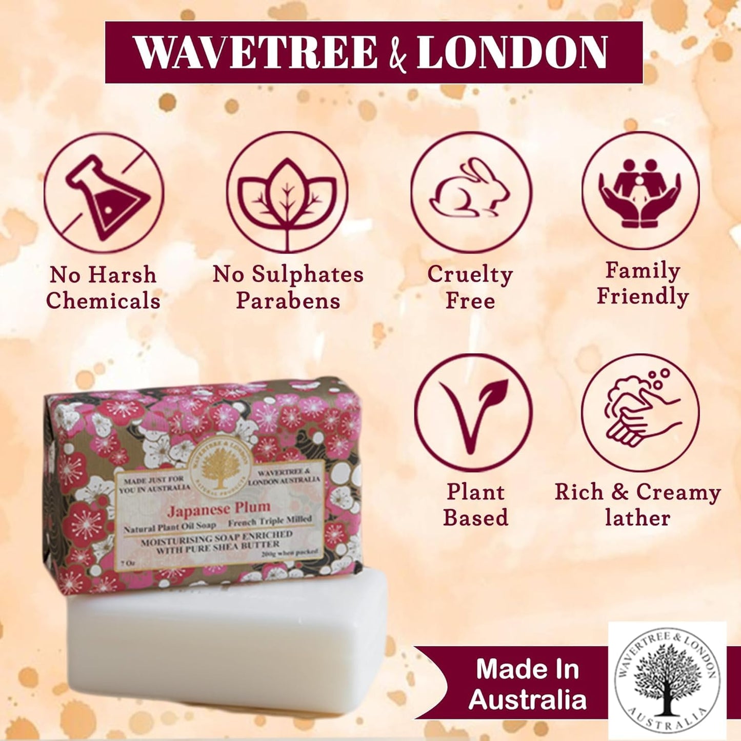 Wavertree & London Japanese Plum Scented Natural Soap Bar, 7oz Moisturizing French Triple Milled Soap Bar for Women & Men