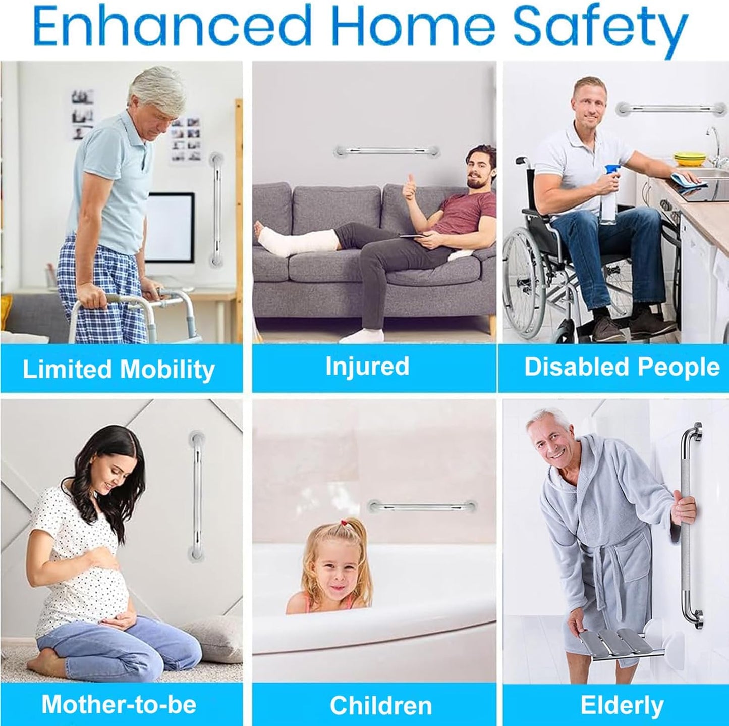 16 Inch Stainless Steel Grab Bar for Shower & Bathtub - Anti-Slip Safety Handle with Knurled Grip, Heavy-Duty Bathroom Hand Rail for Elderly Disabled, Secure Mounting Rustproof Easy Installation