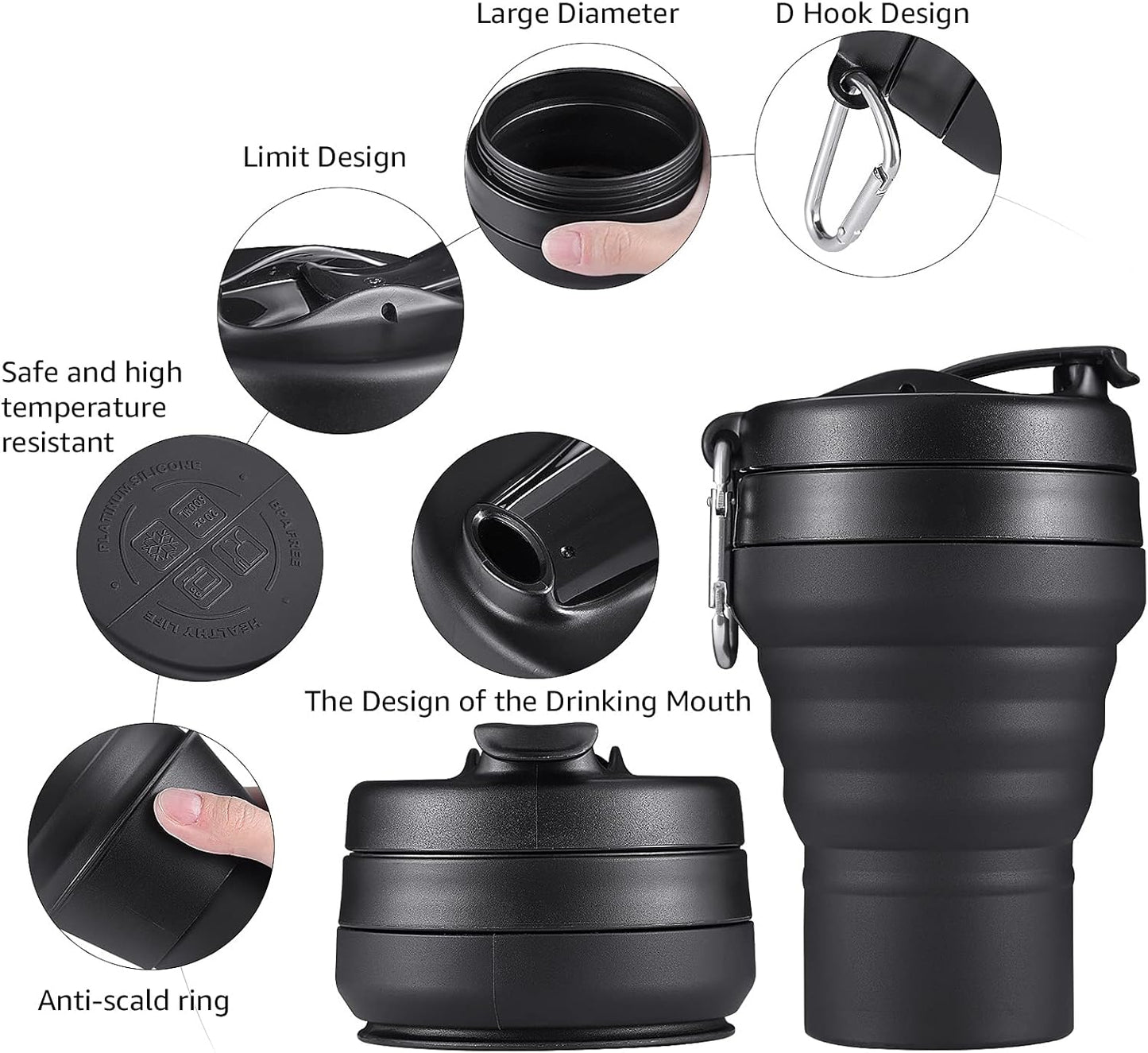Collapsible Cup for Traveling, 20 OZ 600ml Large Silicone Folding Camping Mug, Leak Proof BPA Free Portable Reusable Bottle for Coffee, Tea, Water, Camping, Hiking, Outdoor (Black)