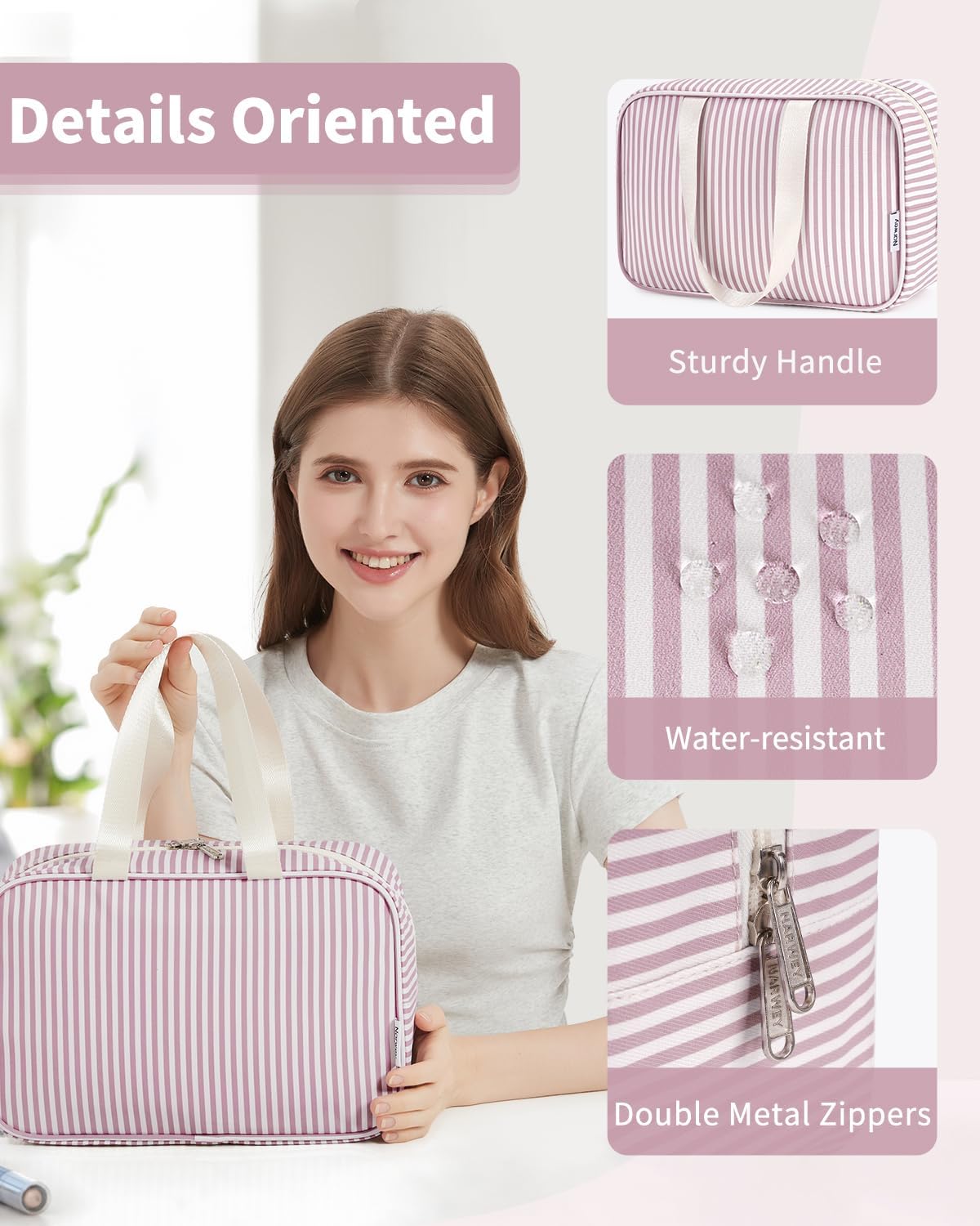 Full Size Toiletry Bag Women Large Cosmetic Bag Travel Makeup Bag Organizer Medicine Bag for Toiletries Essentials Accessories (Dusty Rose Stripe, Large)