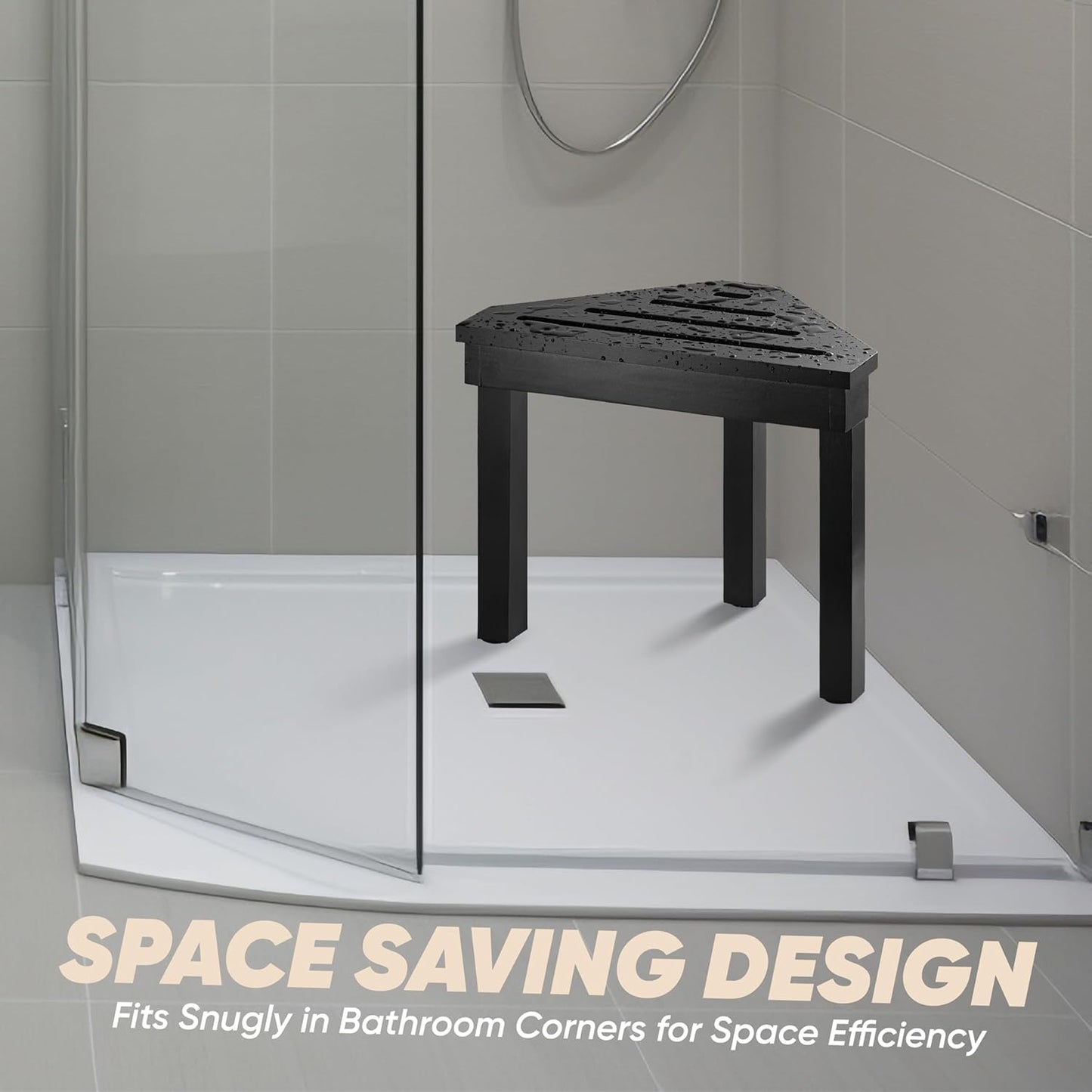 BLUEWEST Shower Foot Stool for Shaving Legs, Acacia Wood Shower Foot Rest (Black, Corner Seat)