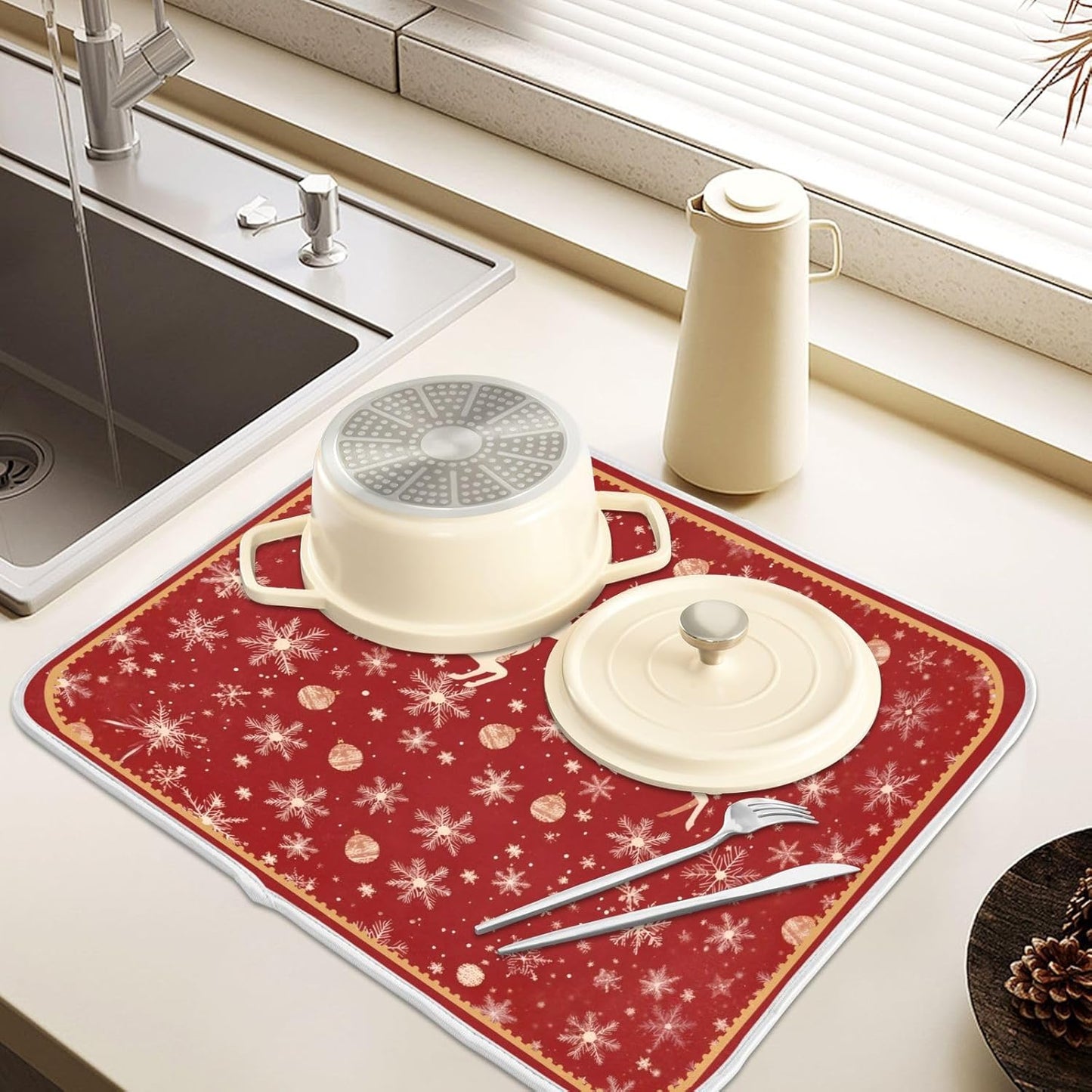Christmas Dish Drying Mat Golden Snowflake Elk Reindeer Red Dish Drainer Mat for Kitchen Counter 16 x 18 Inch Winter Absorbent Microfiber Dishes Pad