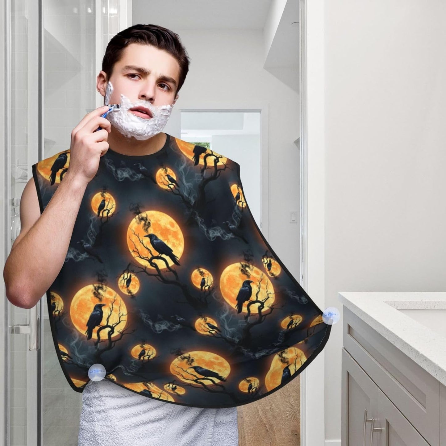Men's Shaving Accessory Full Moon Black Crow Raven Bird, Waterproof Beard Apron with Hair Catcher & Suction Cups