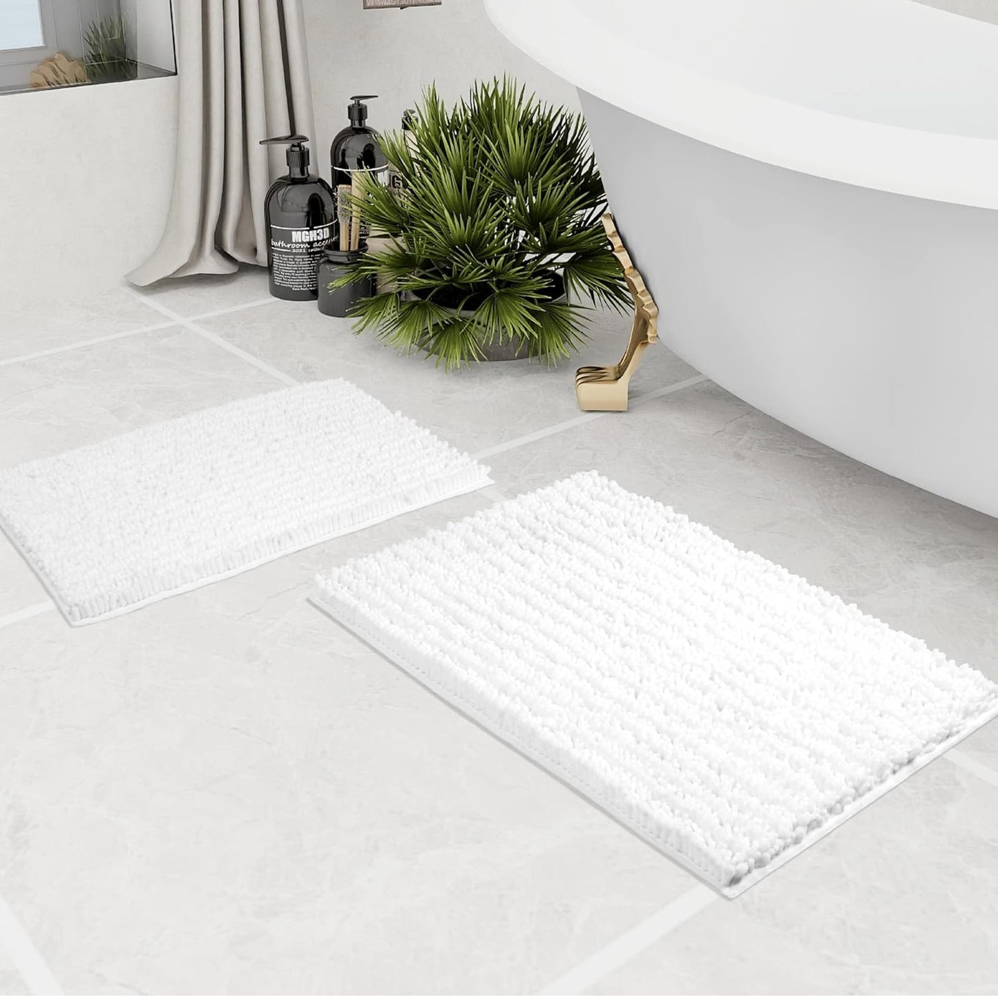 Walensee Bathroom Rug 2 Pieces Set Non Slip Bath Mat (17x24 Plus 20x32 Inch White) Water Absorbent Super Soft Shaggy Chenille Machine Washable Dry Extra Thick Perfect Carpet for Shower Floor