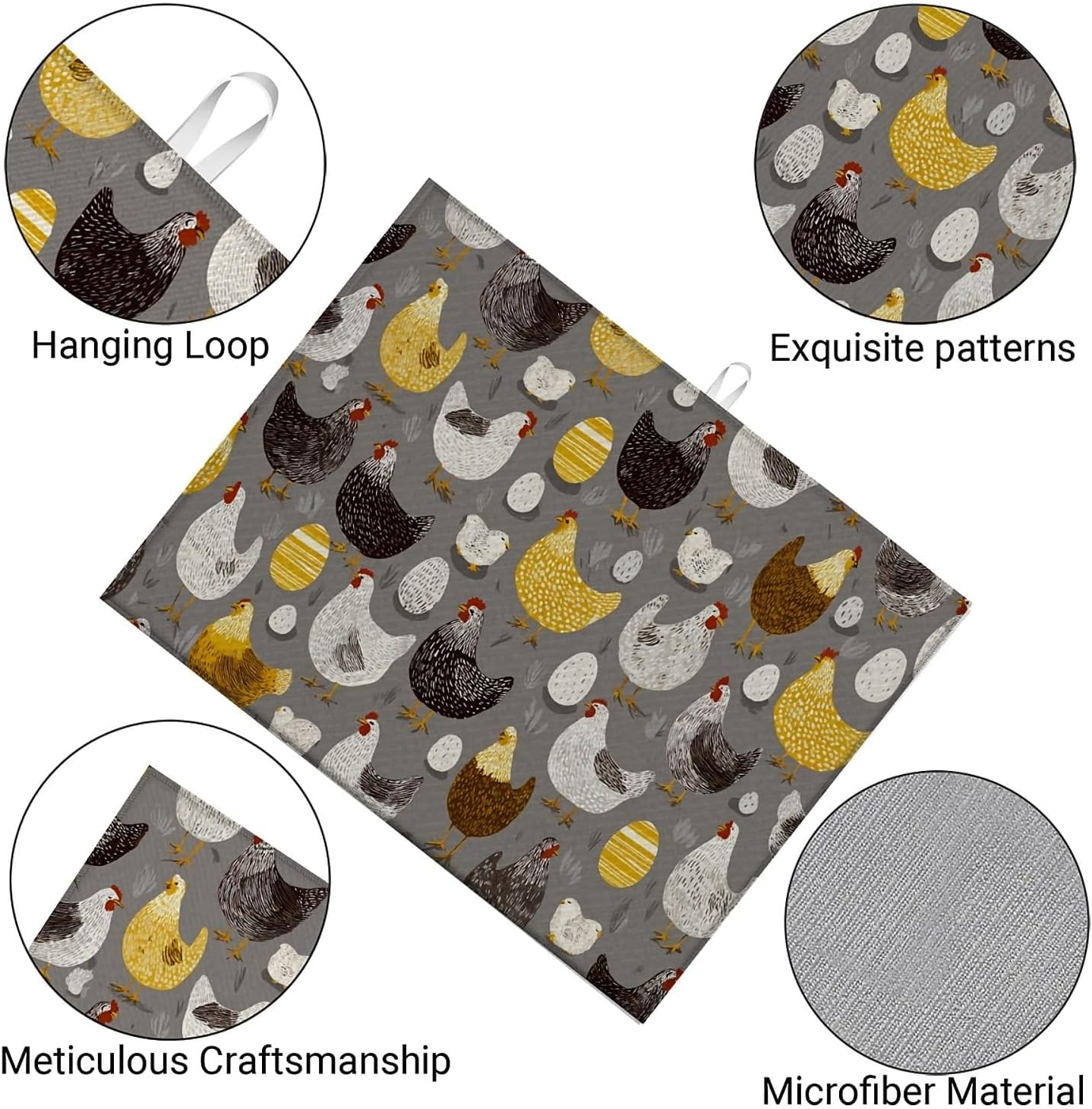 Dish Drying Mat For Kitchen Counter, Hens Roosters Chicken Microfiber Absorbent Dish Drainer Rack Pad Reusable Large 18x24in Drying Mat