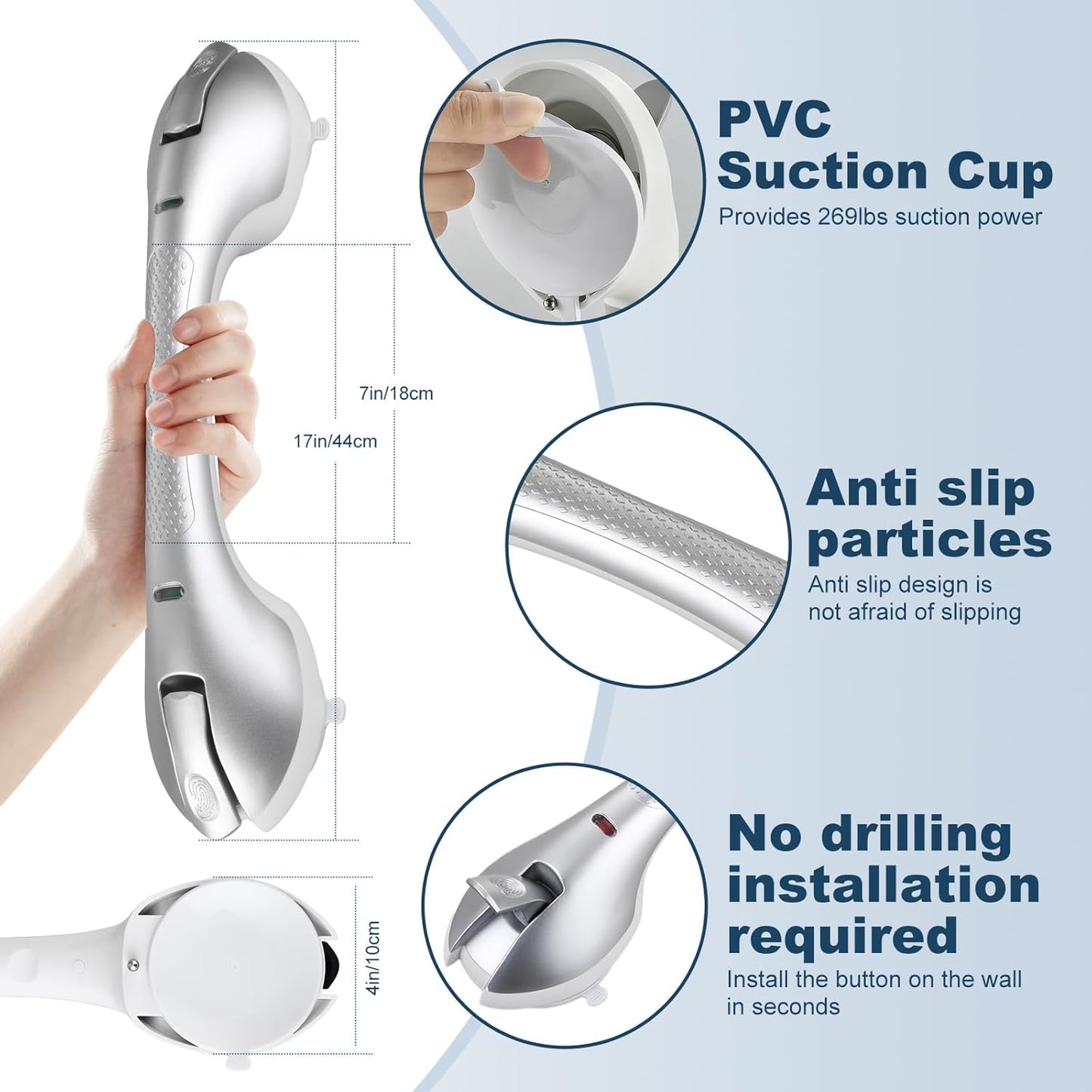 Shower Grab Bar 2 PCS Suction Grab Bars for Bathtubs and Showers, Shower Handle Removable Shower Handrails for Kids, Bathroom Safety Grip Waterproof(Silver)