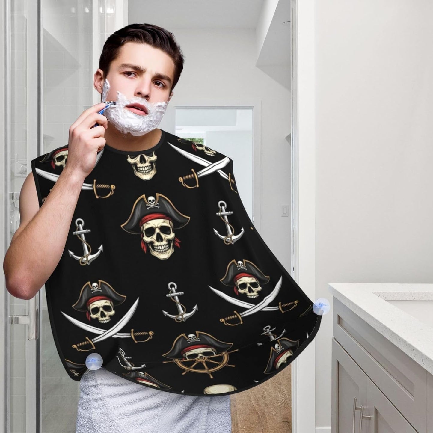 Beard Bib with 3 Suction Cups, Non-Stick Waterproof Hair Catcher Apron, Men's Shaving Essential for Grooming, Nautical Anchor Pirate Skulls Shave Bib