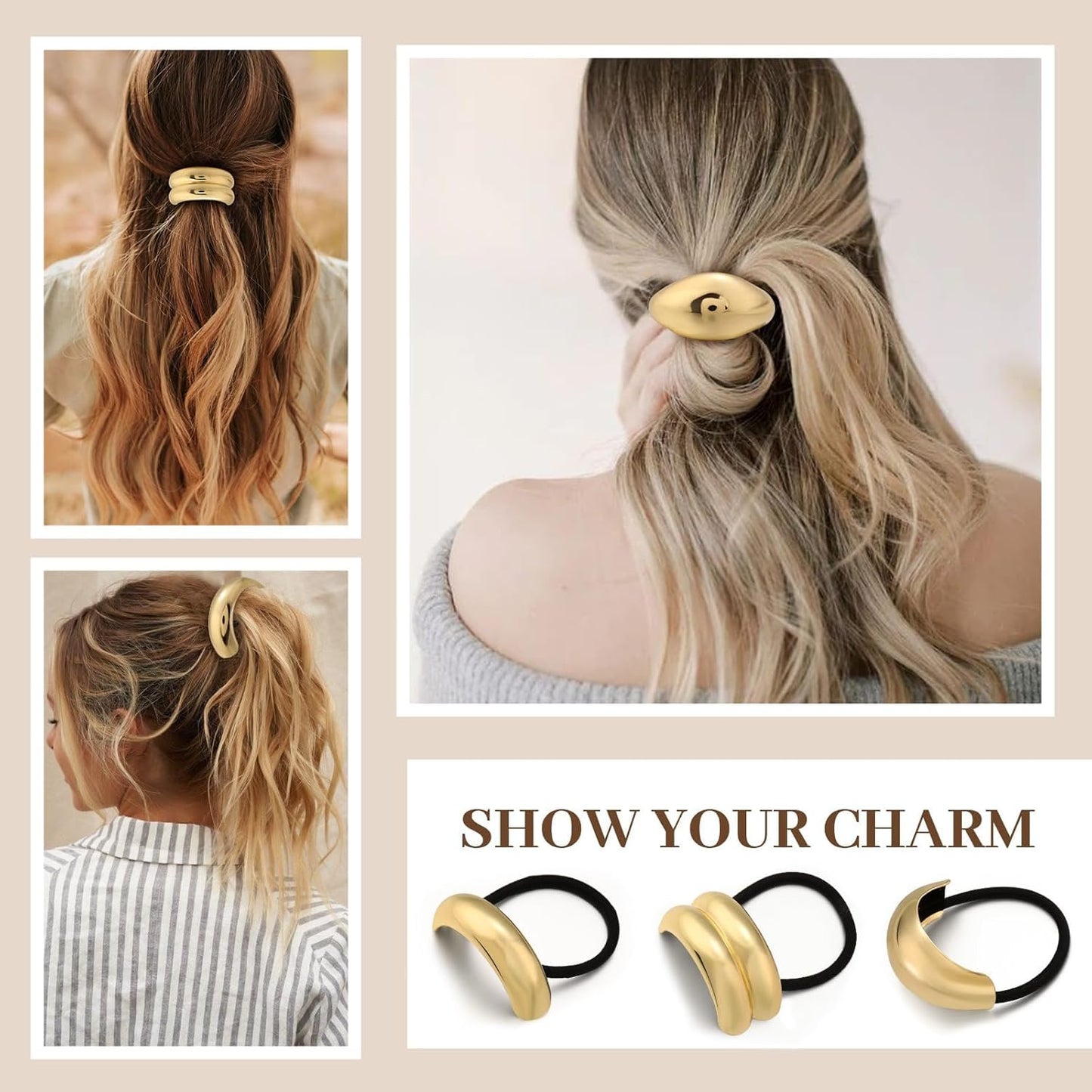 3PCS Gold Hair Ties, Metal Hair Ties for Thick Hair, Elegant Durable Geometric Design, Gold Hair Accessories Stretchy and Non-Damage Ponytail Cuff Holders, 3 Styles in Box Holiday Gifts