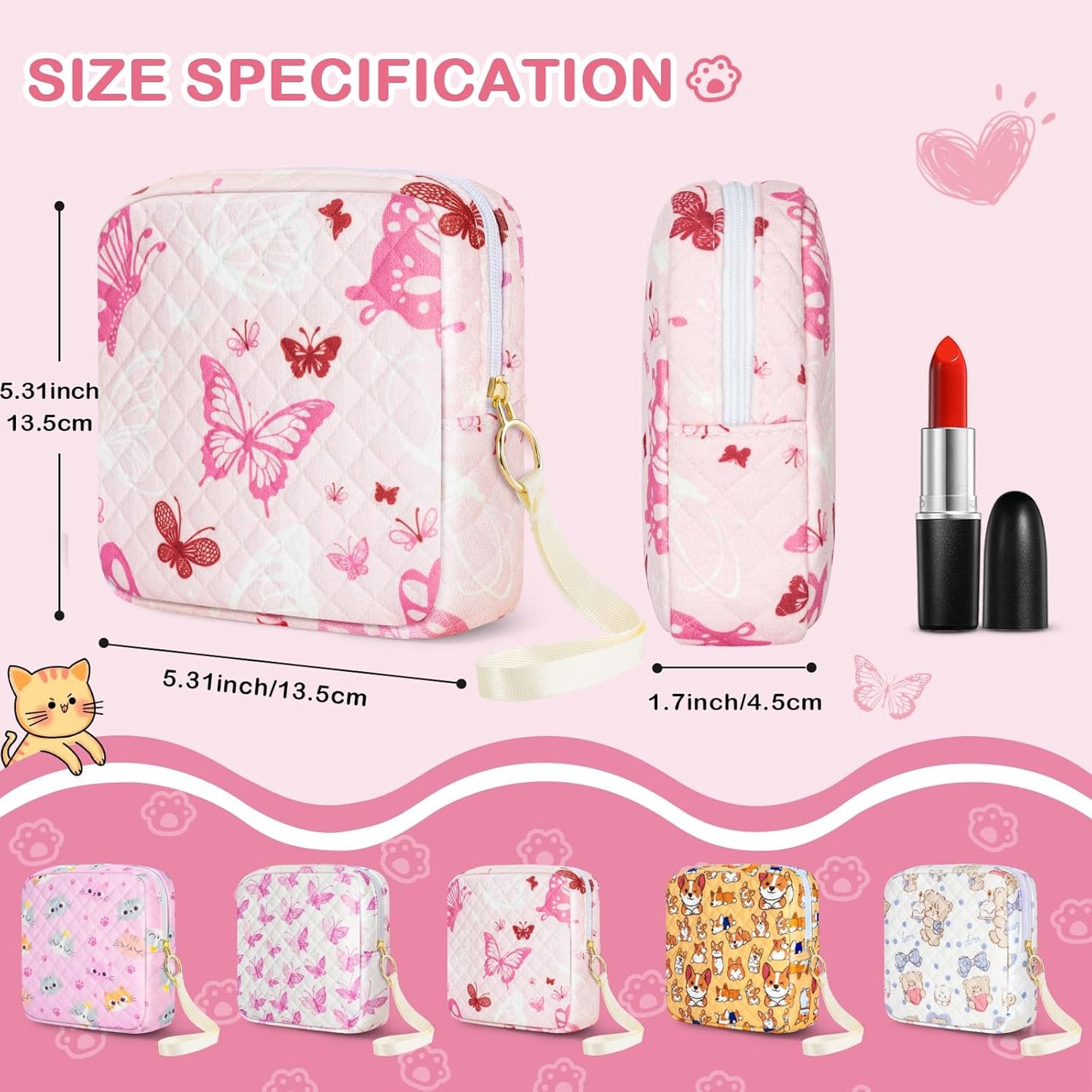 Tampon Holder for Purse, Quilted Period Bag Sanitary Napkin Storage Bag for Girls Womens, Portable Feminine Emergency Pad Period Pouch(Butterfly Pink)