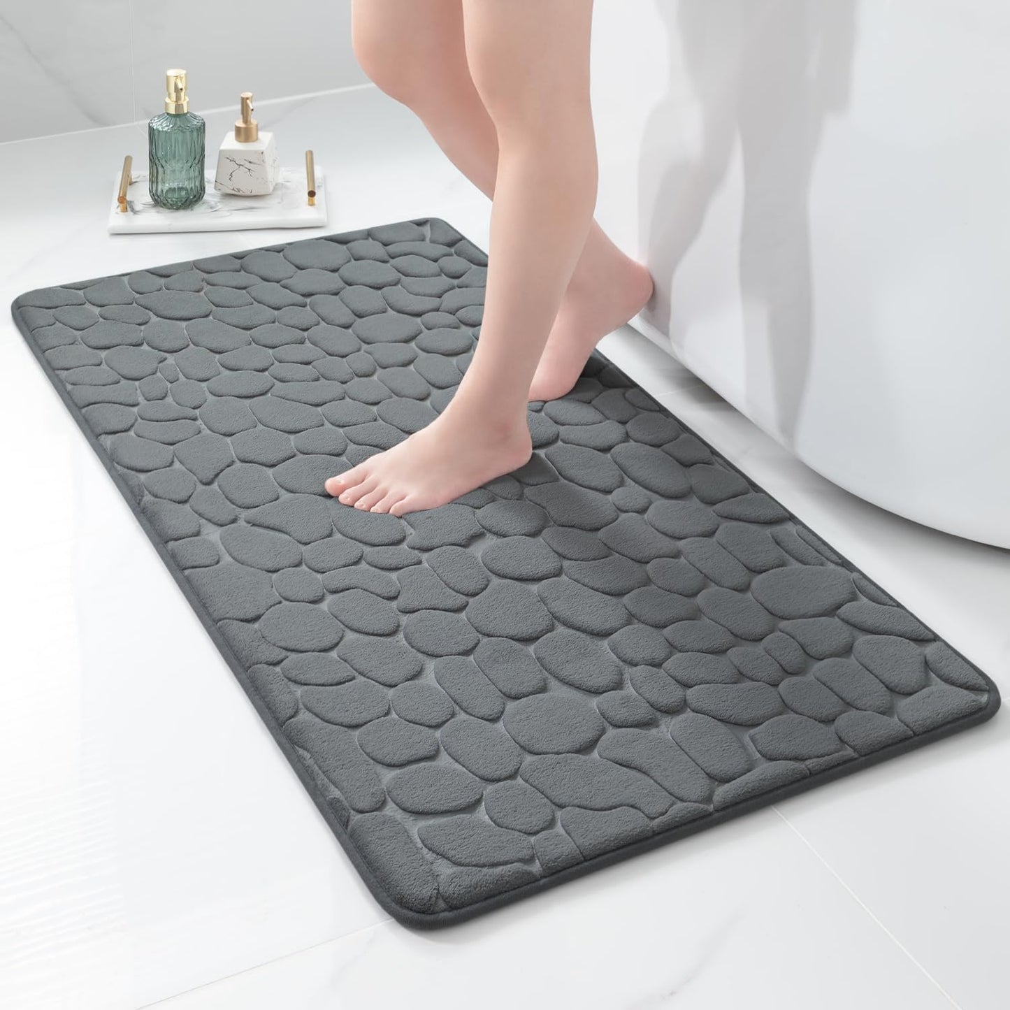 YIHOUSE Memory Foam Runner Rug, Cobblestone Bathroom Runner Rugs Super Water Absorbent Bath Mats for Bathroom Machine Washable Bath Rugs Runner for Hallway Bedroom Laundry Room(26 x 50,Dark Gray)