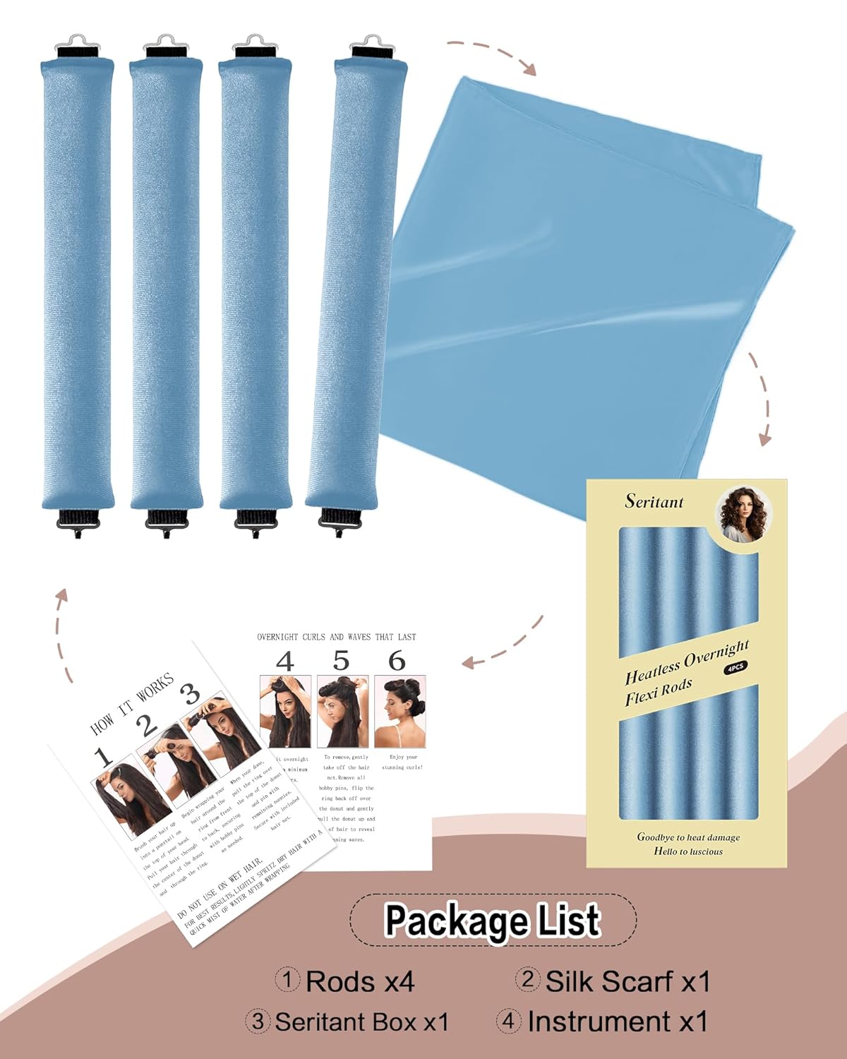 Heatless Curls Overnight Hair Curler - 4 Pcs Curling Rod to Sleep In, Velvet Hair Rollers with Satin Hair Scarf