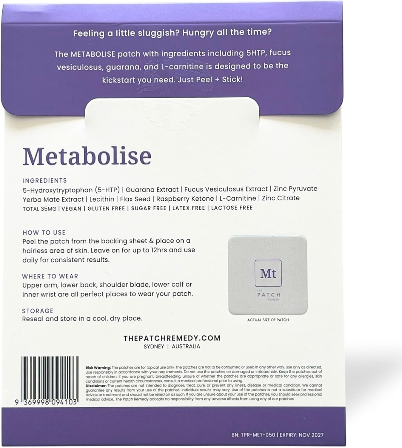 Metabolise Patch | 5-HTP, Guarana, L-Carnitine, Fucus, Zinc, Yerba Mate, Raspberry Ketone | 30 Patches