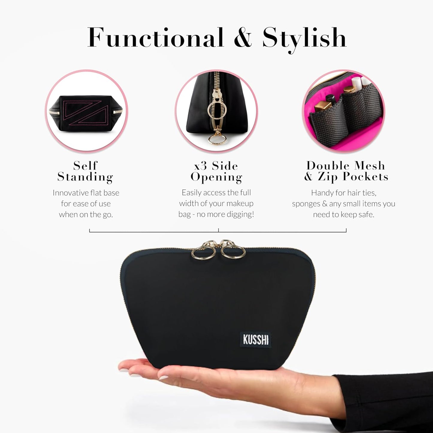 KUSSHI Washable Travel Makeup Bag for Purse (Everyday, Satin Black/Pink)