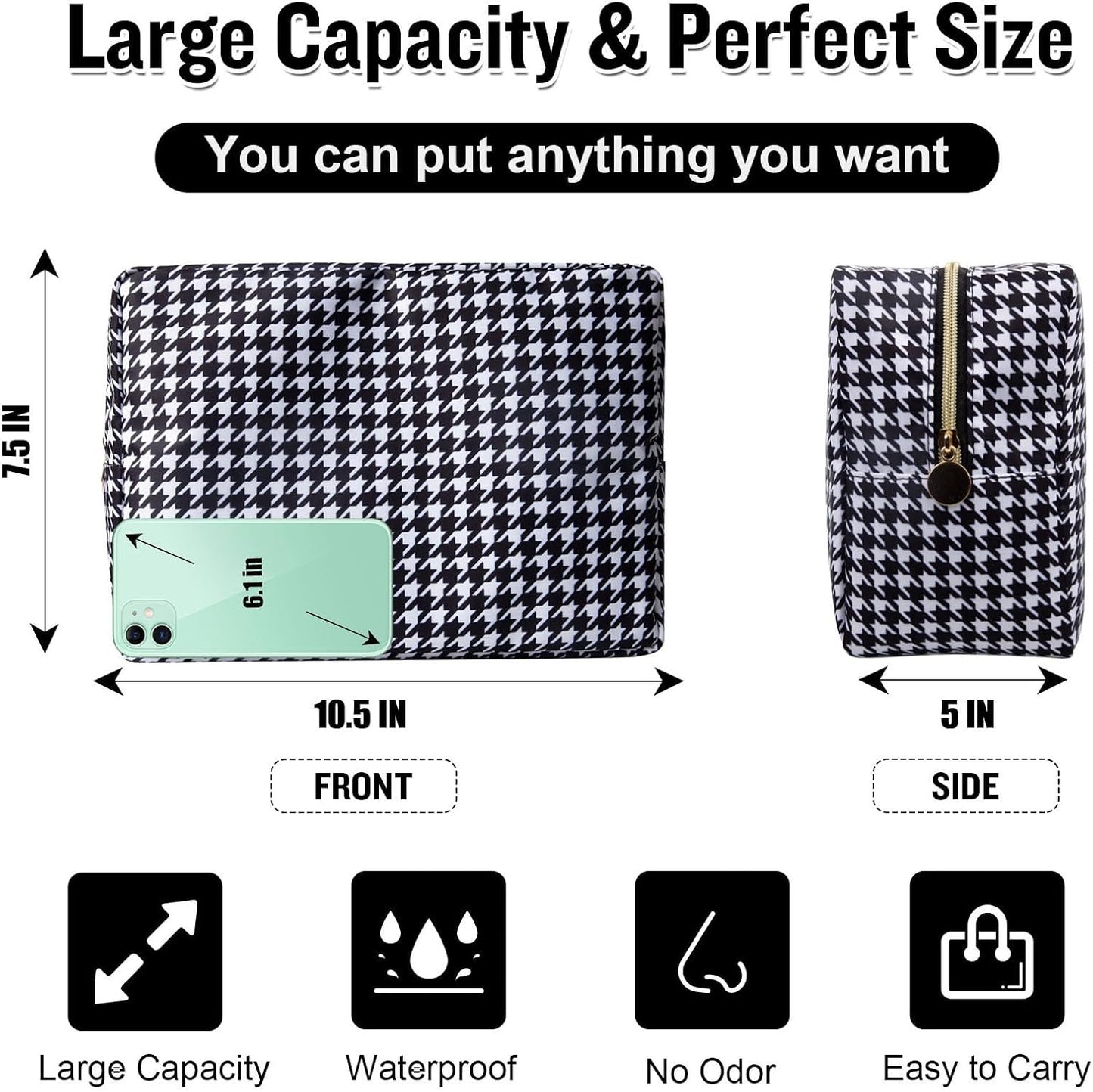 Nylon Large Makeup Bag Black Houndstooth Travel Pouch for Women, Big Preppy Makeup Bag Cute Cosmetic Zipper Pouch Purse, Waterproof Toiletry Bag Clutch Makeup Organizer for Girls(Black Houndstooth)