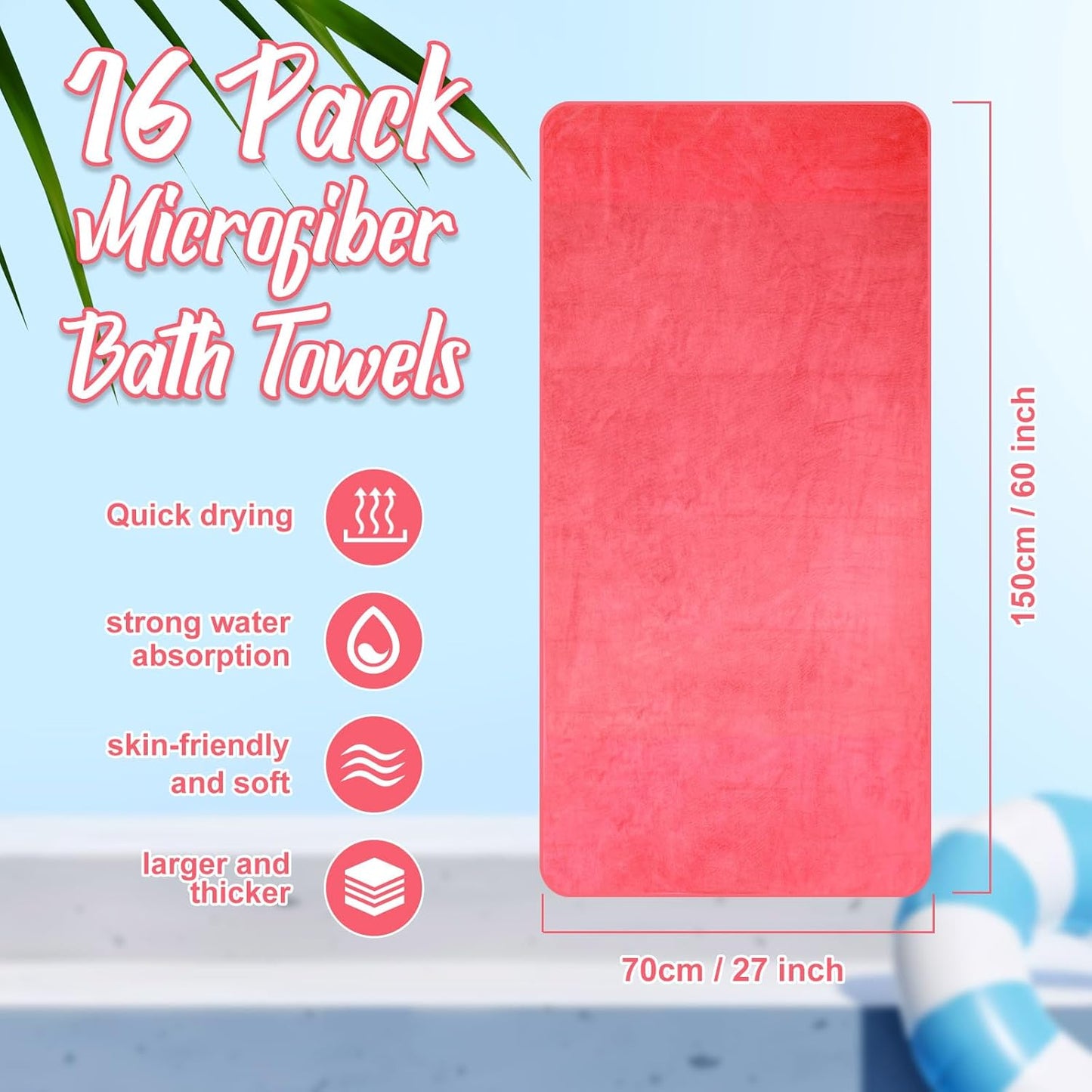 16 Pack Microfiber Bath Towels Bulk 27'' x 60'' Oversized Size Bath Towel Highly Absorbent Extra Large Soft Drying for Shower Beach Salon Winter Sport Spa Gym (Simple,Pink)