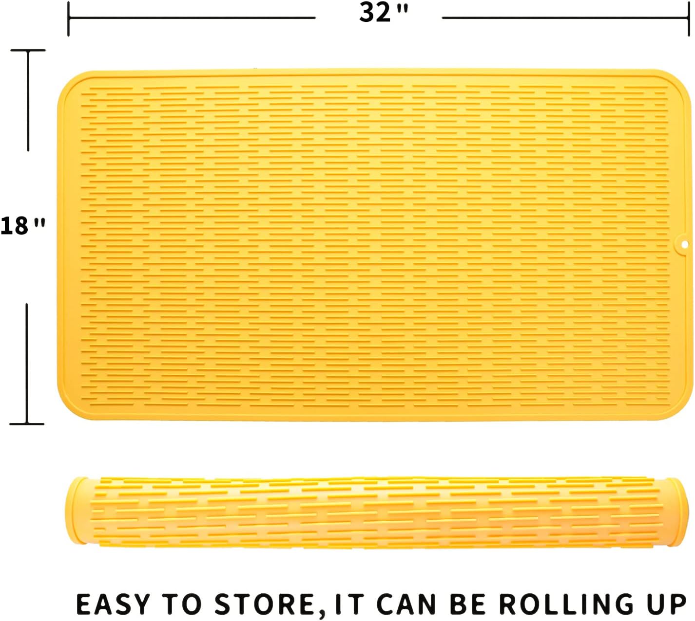 Silicone Dish Drying Mat for Multiple Usage,Easy clean,Eco-friendly,Heat-resistant Silicone Mat for Kitchen Counter or Sink,Refrigerator or Drawer Liner Yellow 4XL 32 inches x 18 inches