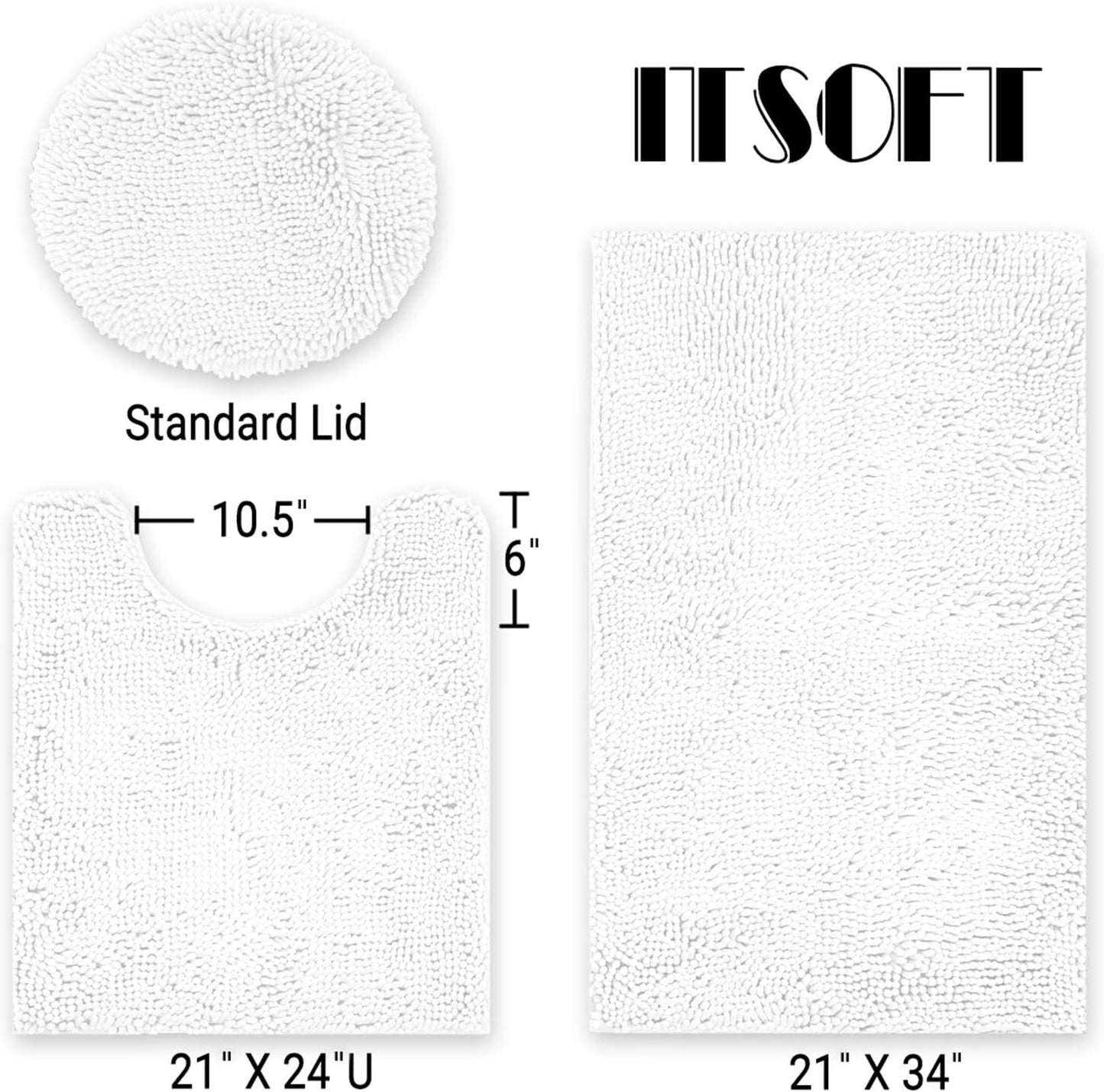 ITSOFT 3pc Non-Slip Shaggy Chenille Bathroom Mat Set, Includes 24 x 21 Inches U-Shaped Contour Toilet Rug, 34 x 21 Inches Bathmat and 1 Toilet Lid Cover, White