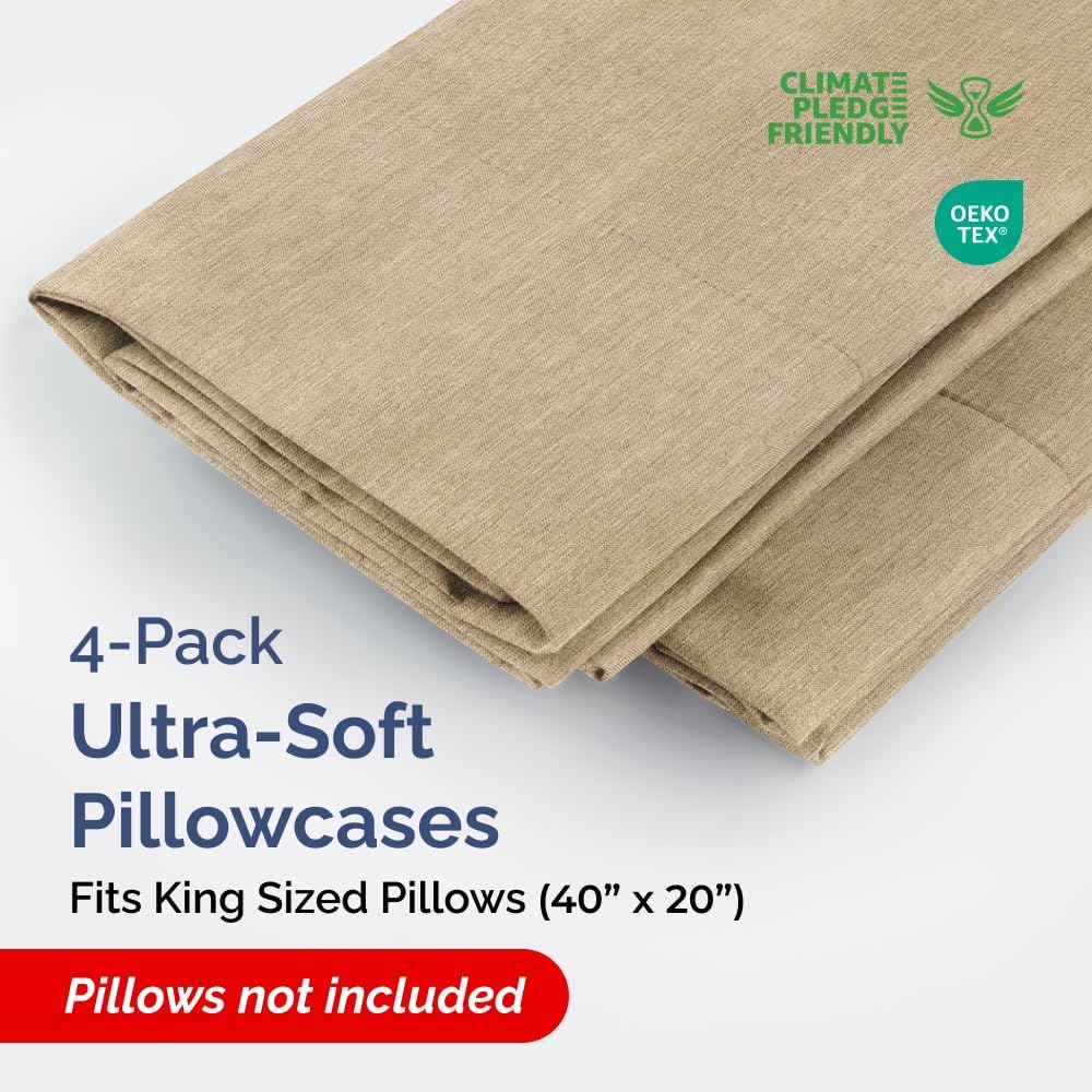 King Pillow Cases Set of 4 - Ultra Soft Hotel Quality Pillowcase Covers - Comfy, Cozy & Wrinkle Free - Shrinkage and Fade Resistant - Machine Washable Pillow Protectors - 4 Piece Set - Heathered Tan
