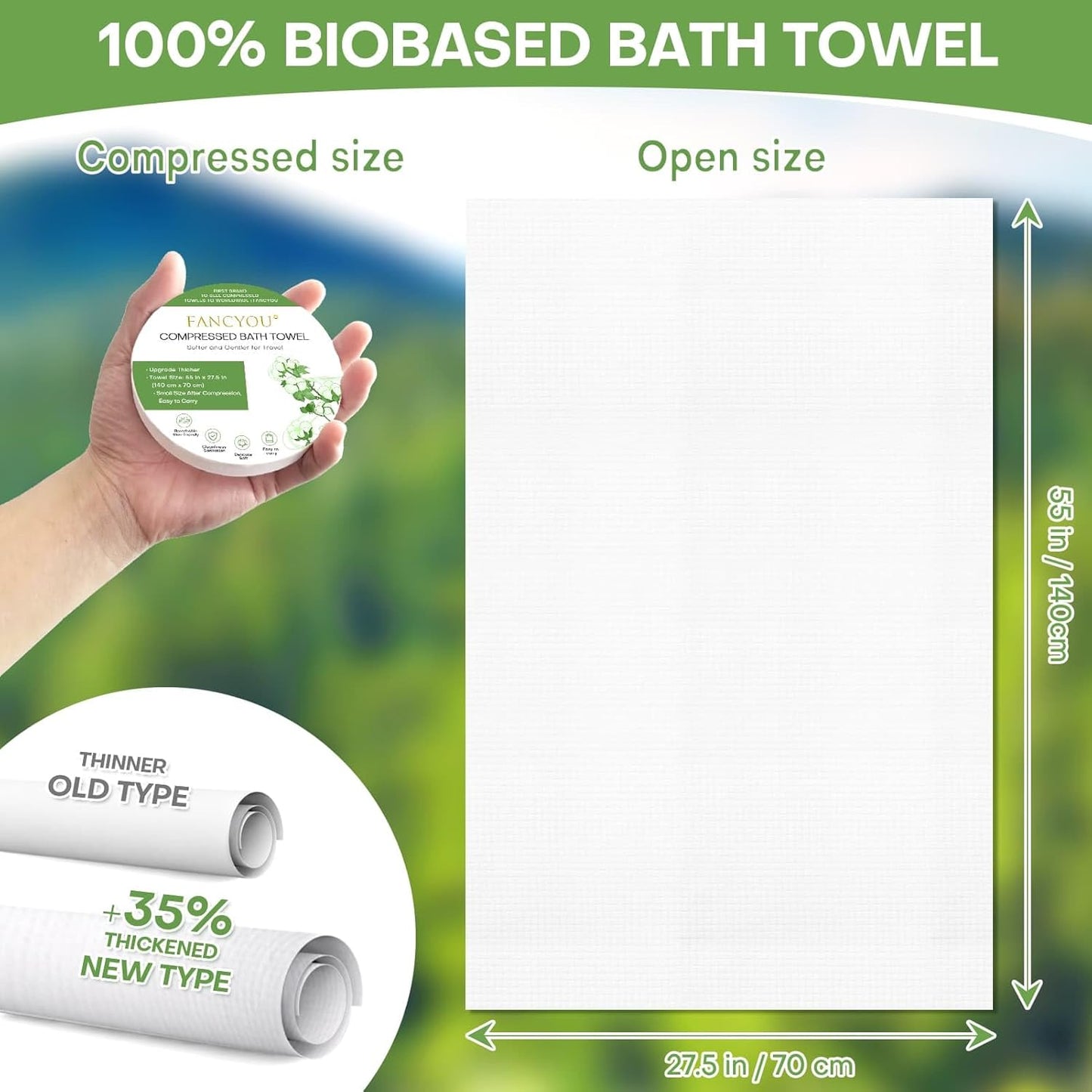 Compressed Towel Tablets Disposable Bath Towels for Travel, 55.1 x 27.5 inch Large Face Cloth Compact Reusable Body Washcloths for Hotel Bathroom Camping Beach Swimming Vacation(5 Pack Green)