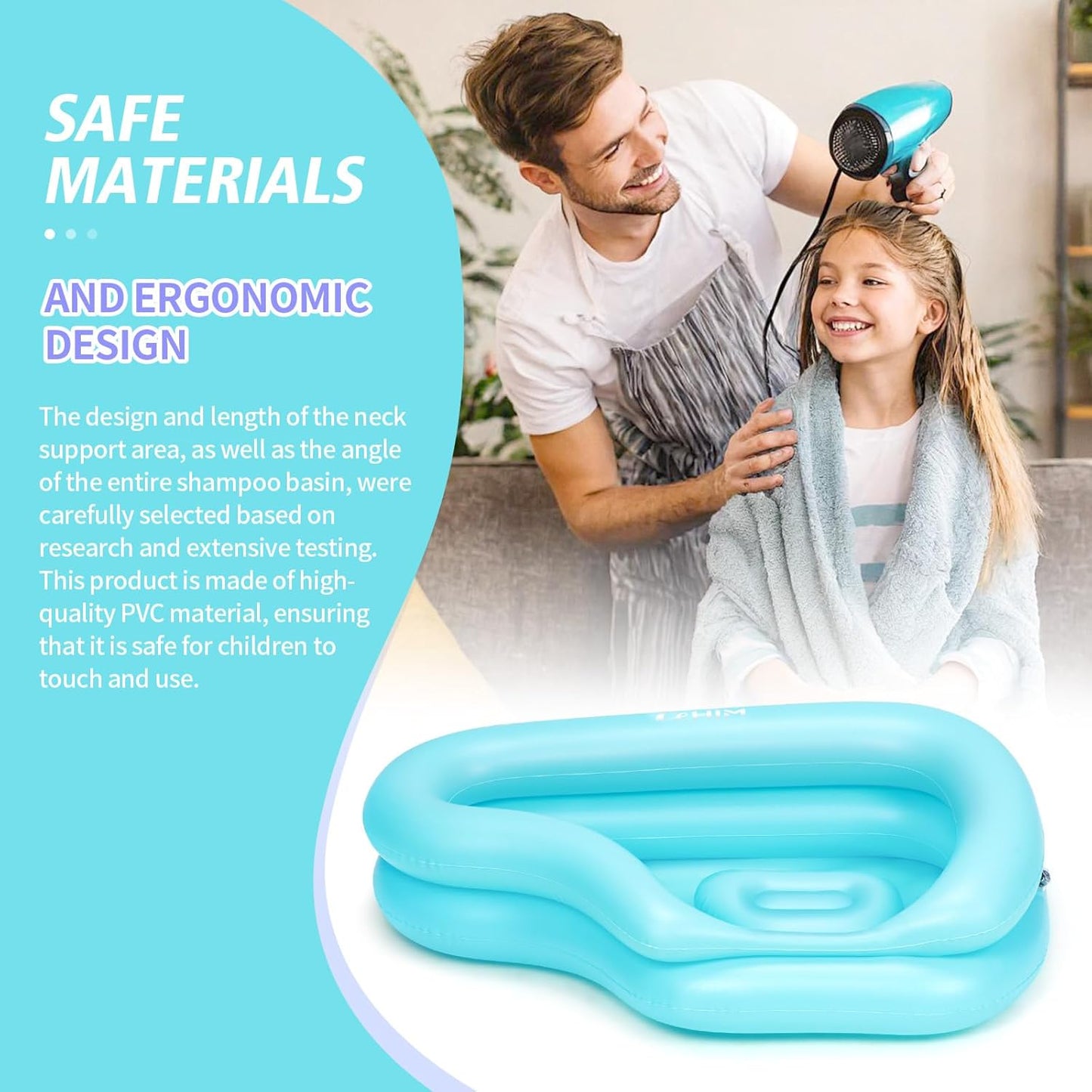 Portable Inflatable Shampoo Basin for Bedridden & Elderly - Zero Pooling Design | Fast-Drain Slope & Neck Support | Portable Hair Wash Bowl, Drain Hose | Hospital PVC | Home Use (Blue, Large)