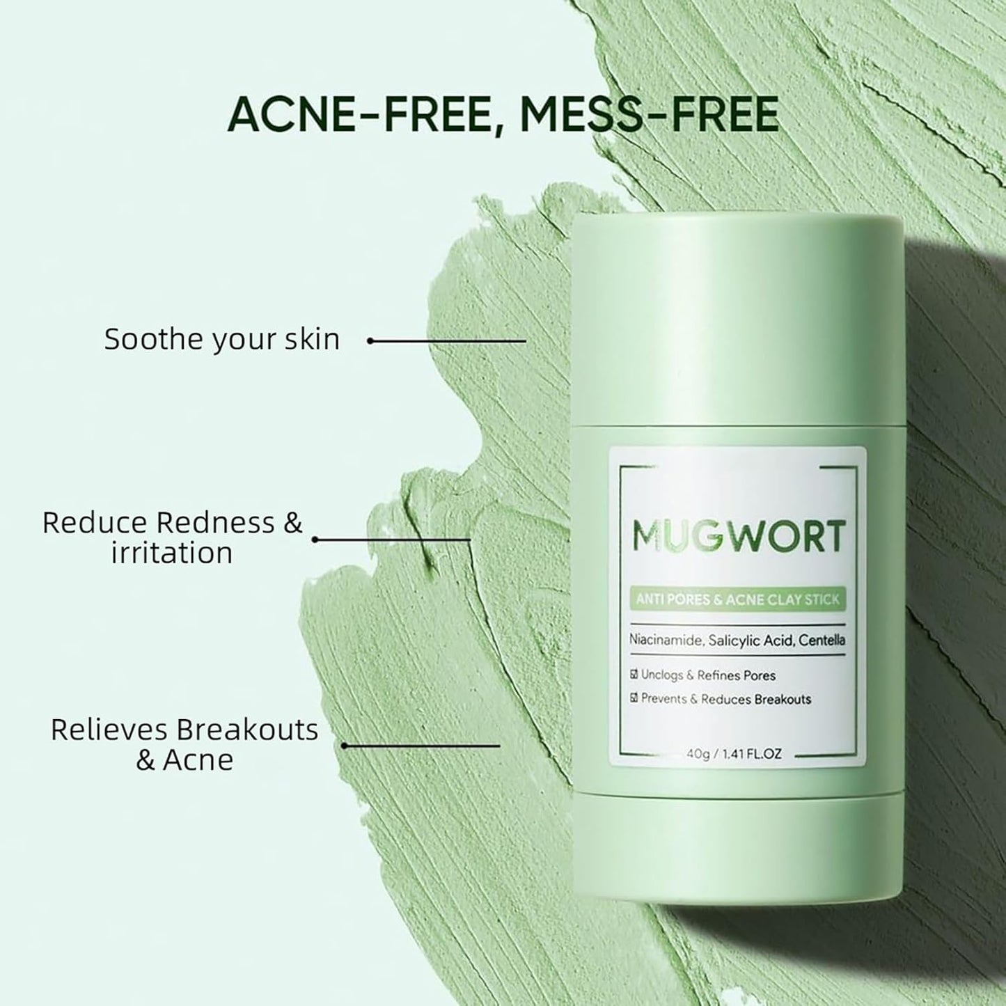 Clay Mask Stick, Deep pore Cleansing, Exfoliator Blackhead Remover Pore Cleanser Gentle Exfoliation Skin Brightening, Hydrating & Moisturizing Face Mud Mask for All Skin Types, Men & Women (Green)